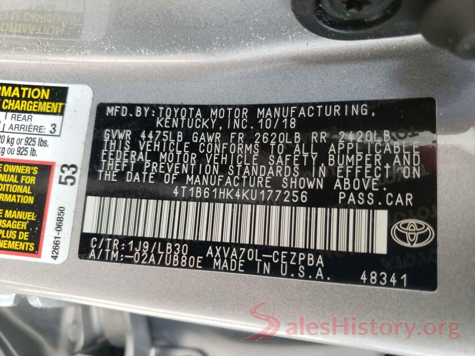 4T1B61HK4KU177256 2019 TOYOTA CAMRY