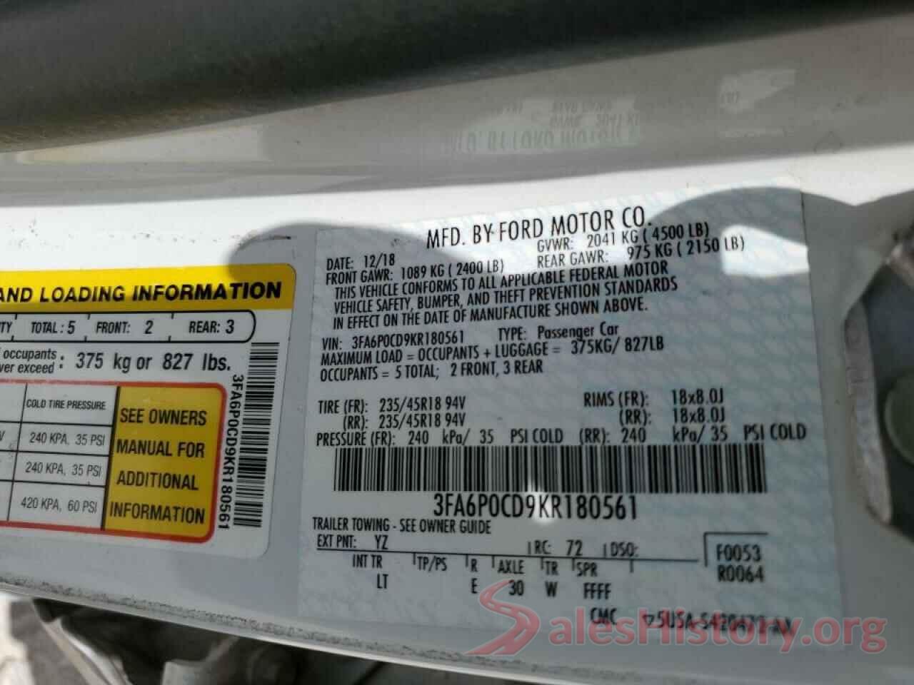 3FA6P0CD9KR180561 2019 FORD FUSION