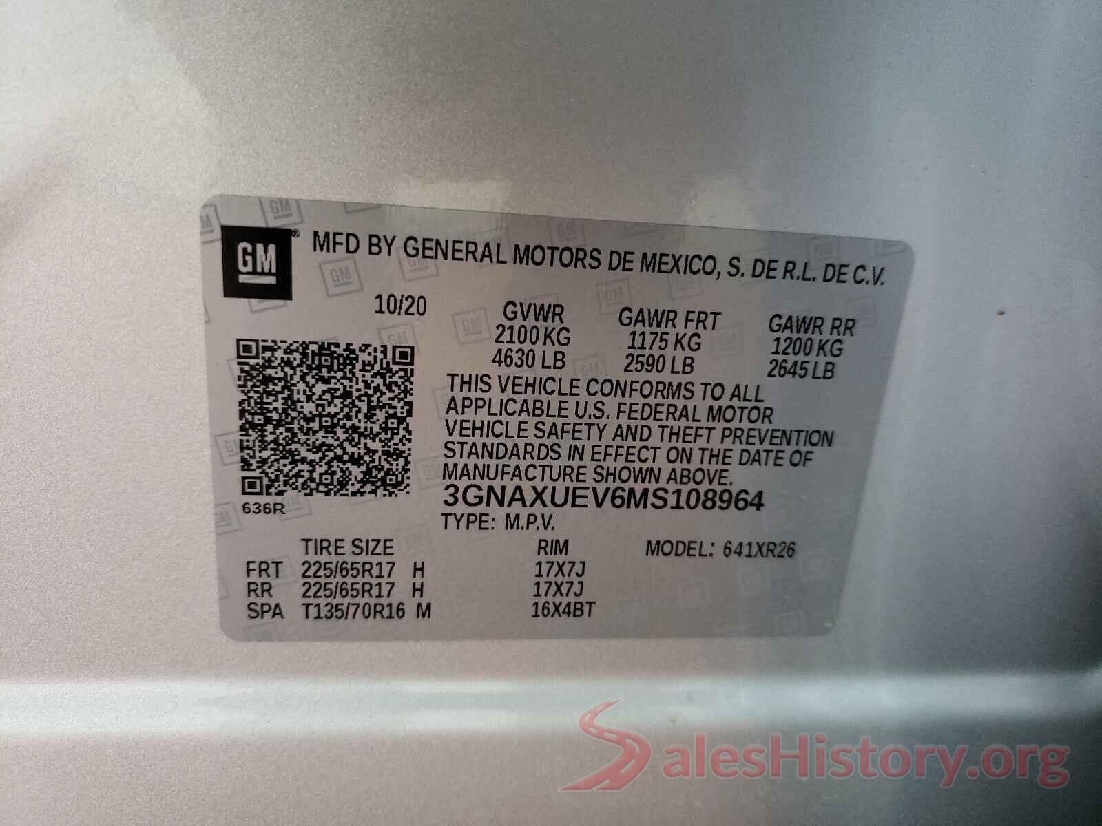 3GNAXUEV6MS108964 2021 CHEVROLET EQUINOX