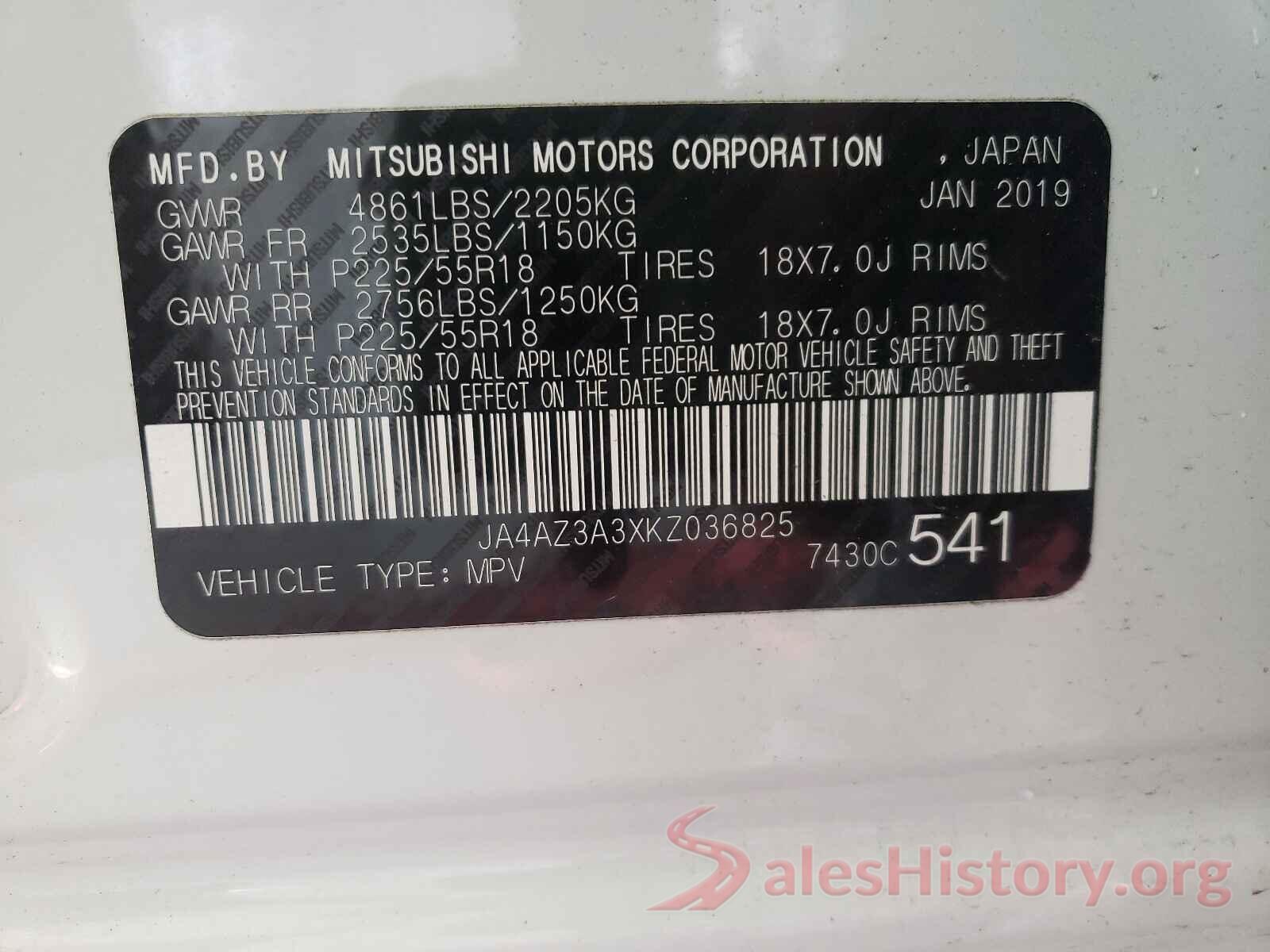 JA4AZ3A3XKZ036825 2019 MITSUBISHI OUTLANDER