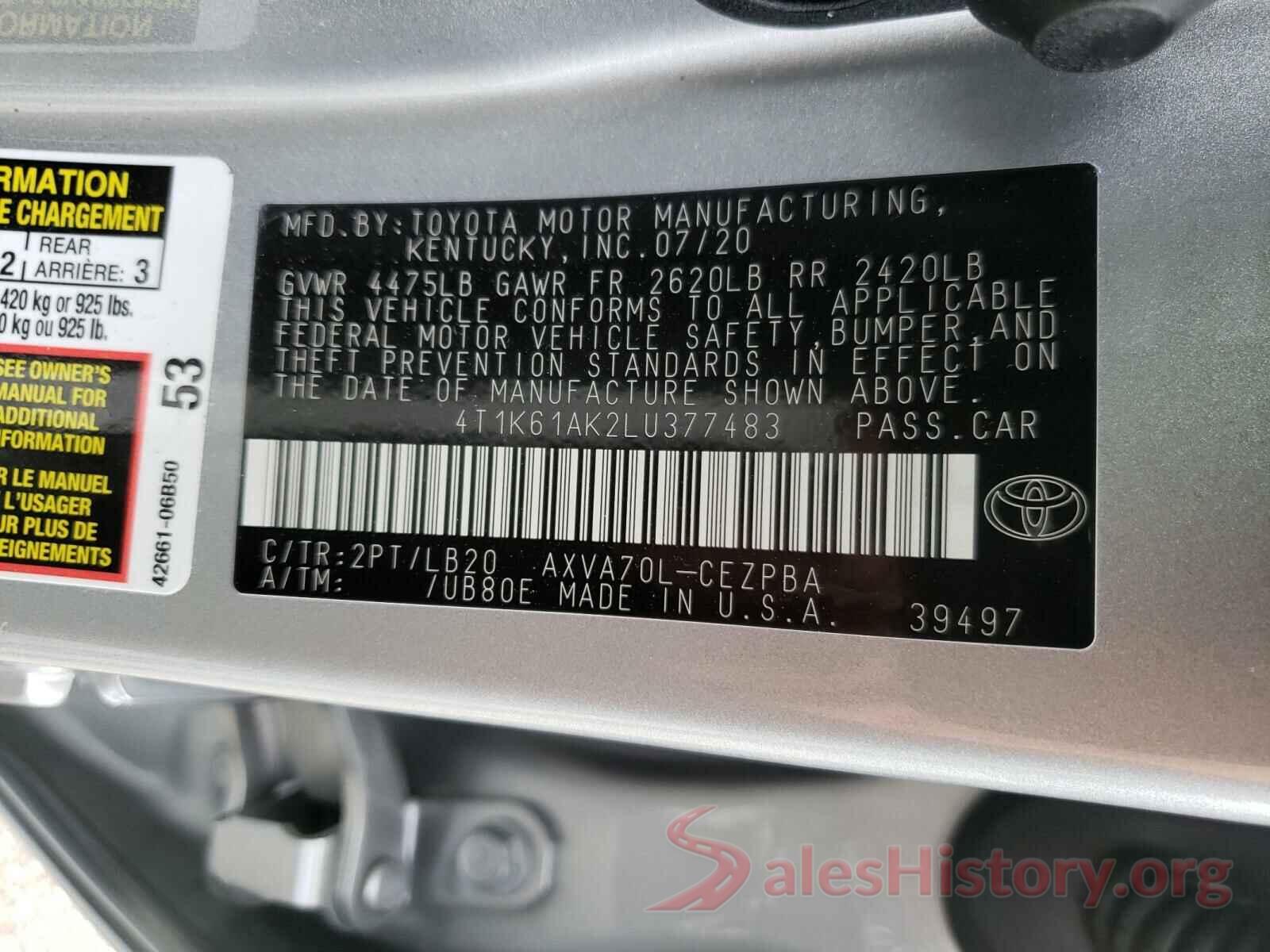 4T1K61AK2LU377483 2020 TOYOTA CAMRY