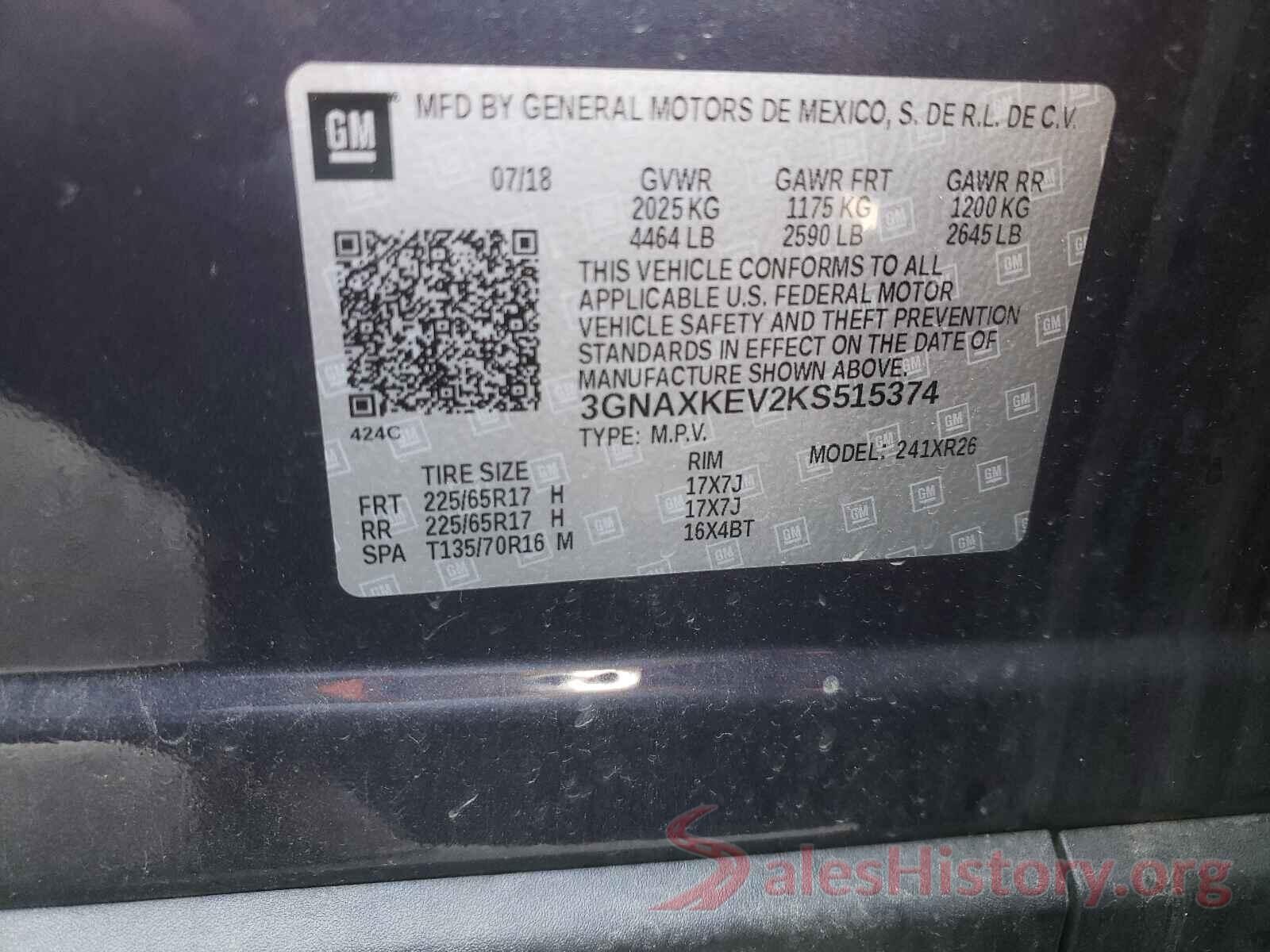 3GNAXKEV2KS515374 2019 CHEVROLET EQUINOX