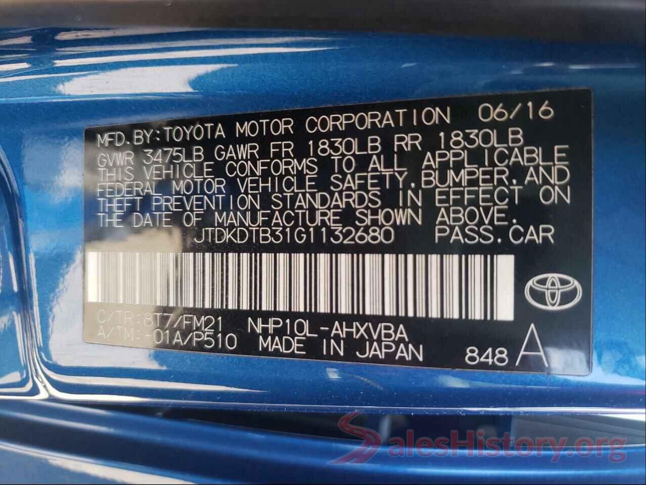 JTDKDTB31G1132680 2016 TOYOTA PRIUS