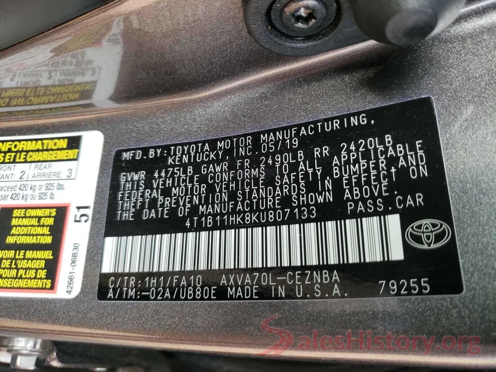 4T1B11HK8KU807133 2019 TOYOTA CAMRY