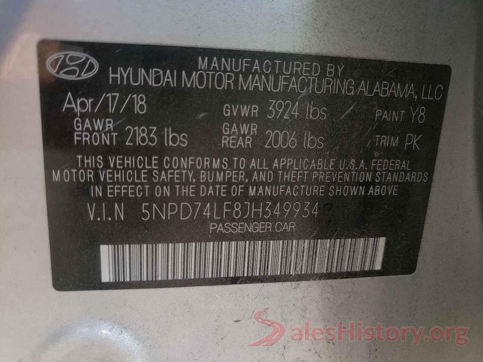 5NPD74LF8JH349934 2018 HYUNDAI ELANTRA