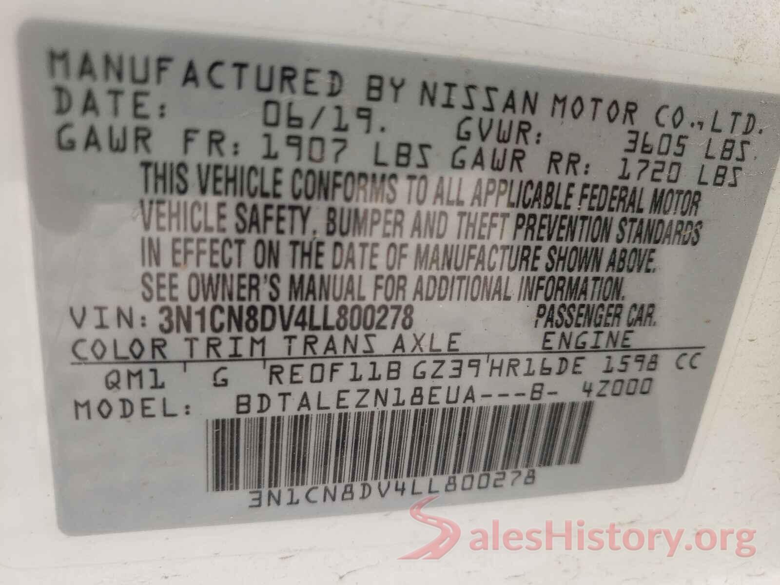 3N1CN8DV4LL800278 2020 NISSAN VERSA