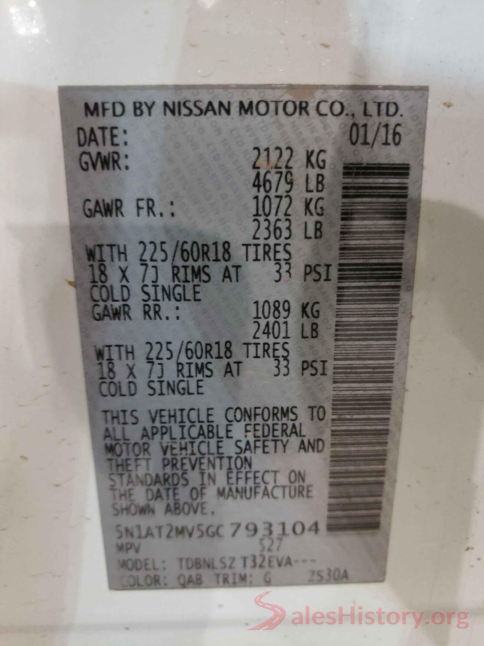 5N1AT2MV5GC793104 2016 NISSAN ROGUE