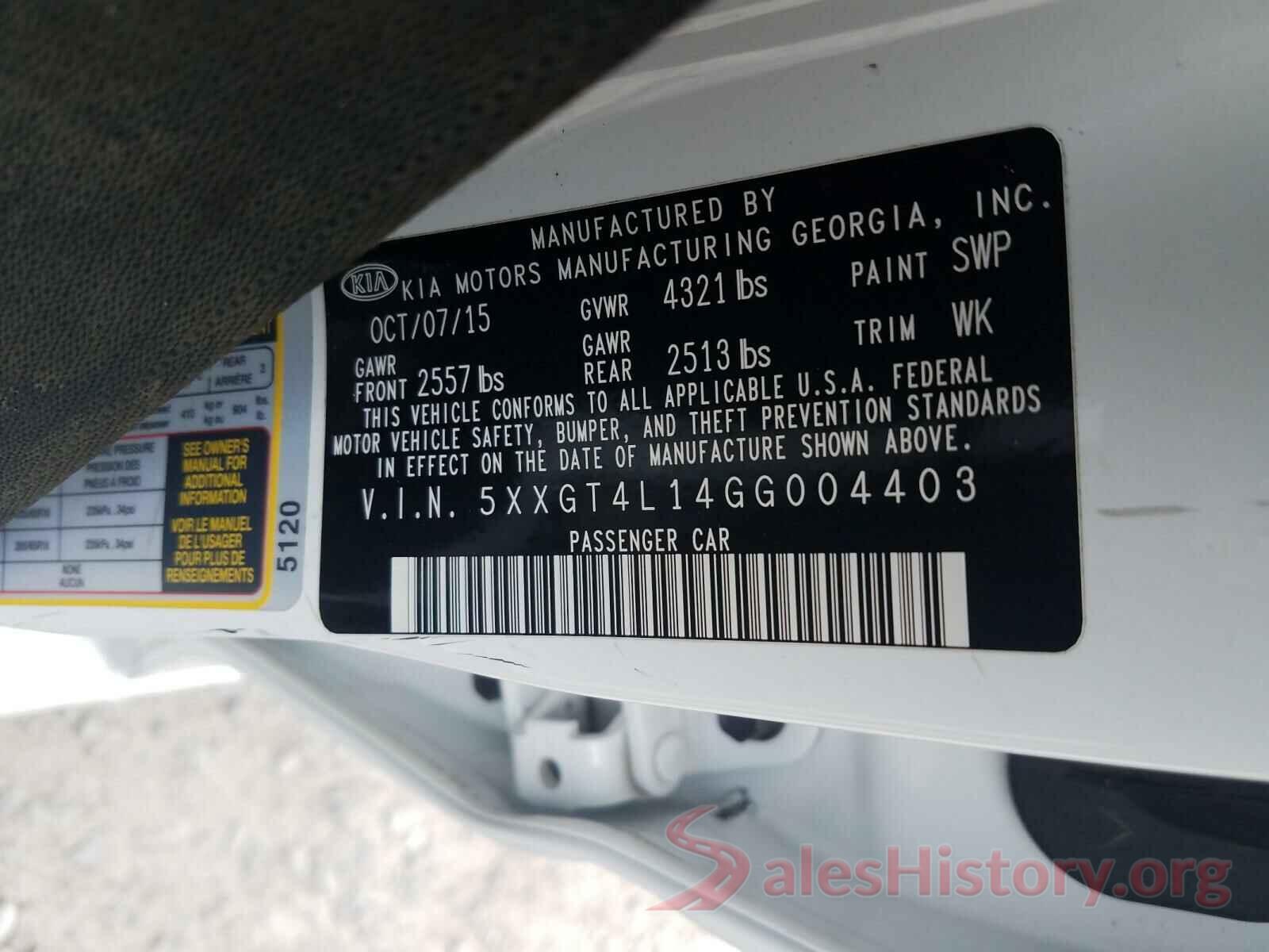 5XXGT4L14GG004403 2016 KIA OPTIMA