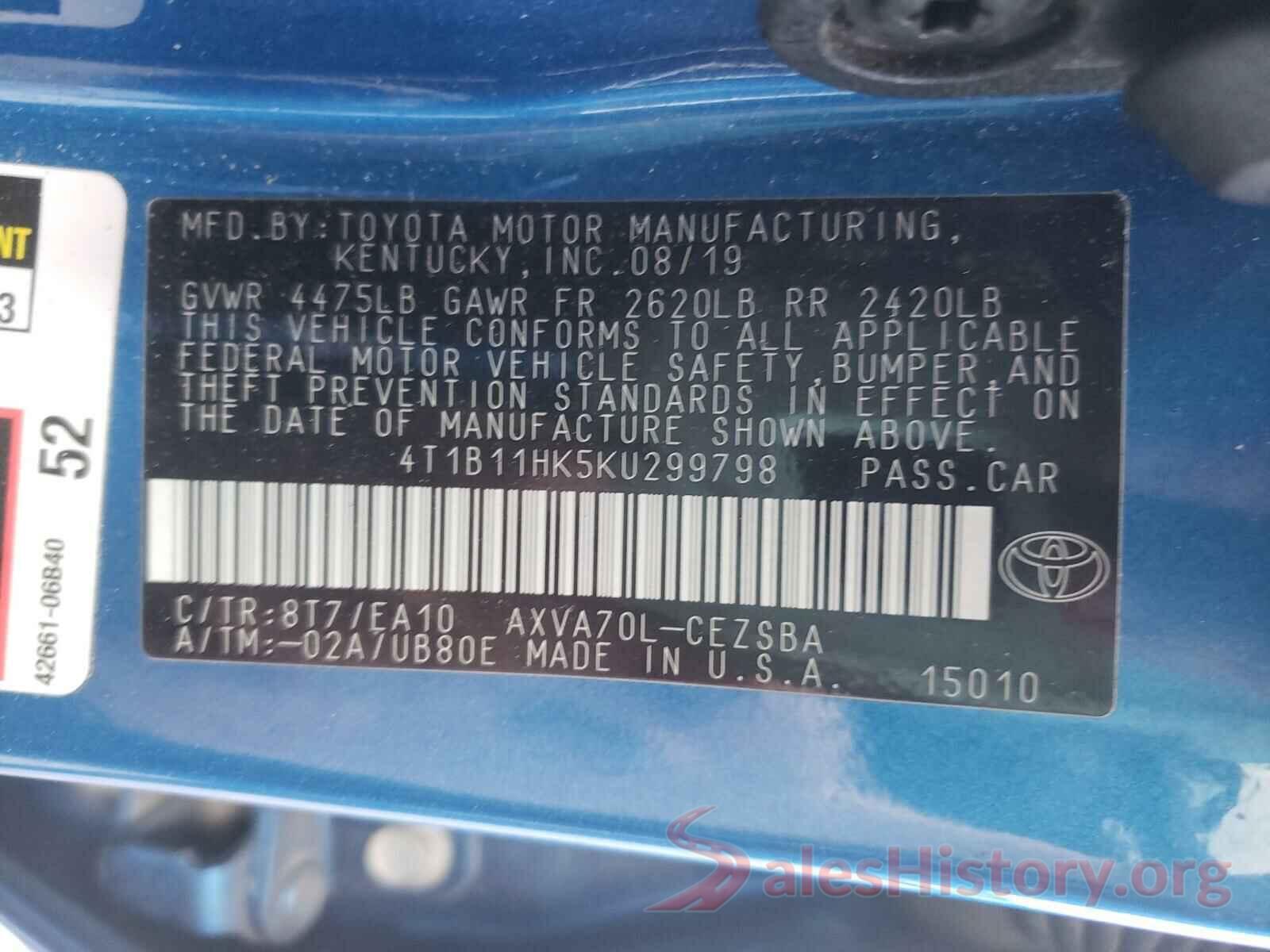 4T1B11HK5KU299798 2019 TOYOTA CAMRY