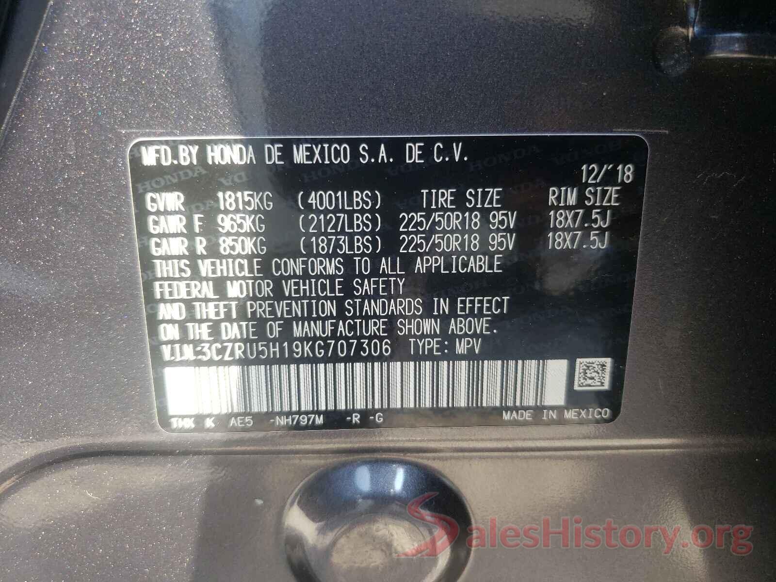 3CZRU5H19KG707306 2019 HONDA HR-V