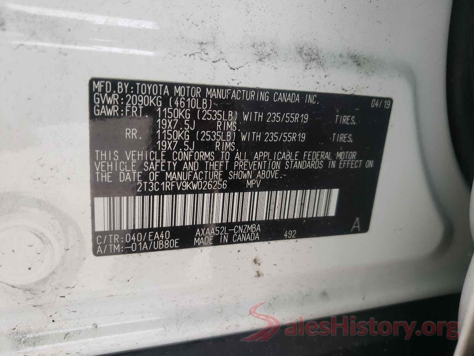 2T3C1RFV9KW026256 2019 TOYOTA RAV4