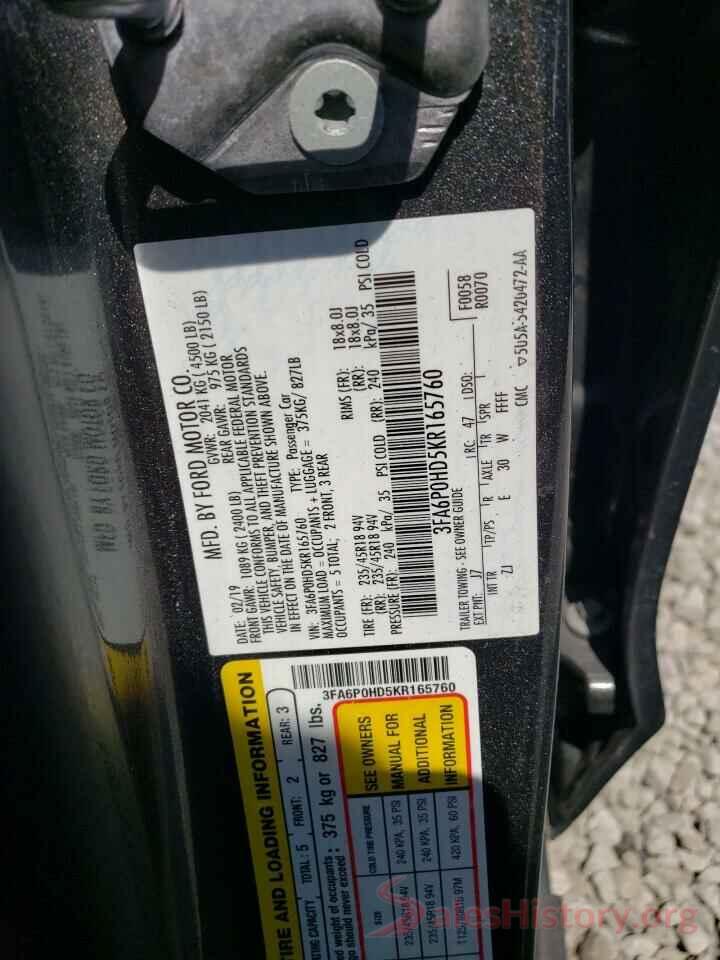 3FA6P0HD5KR165760 2019 FORD FUSION