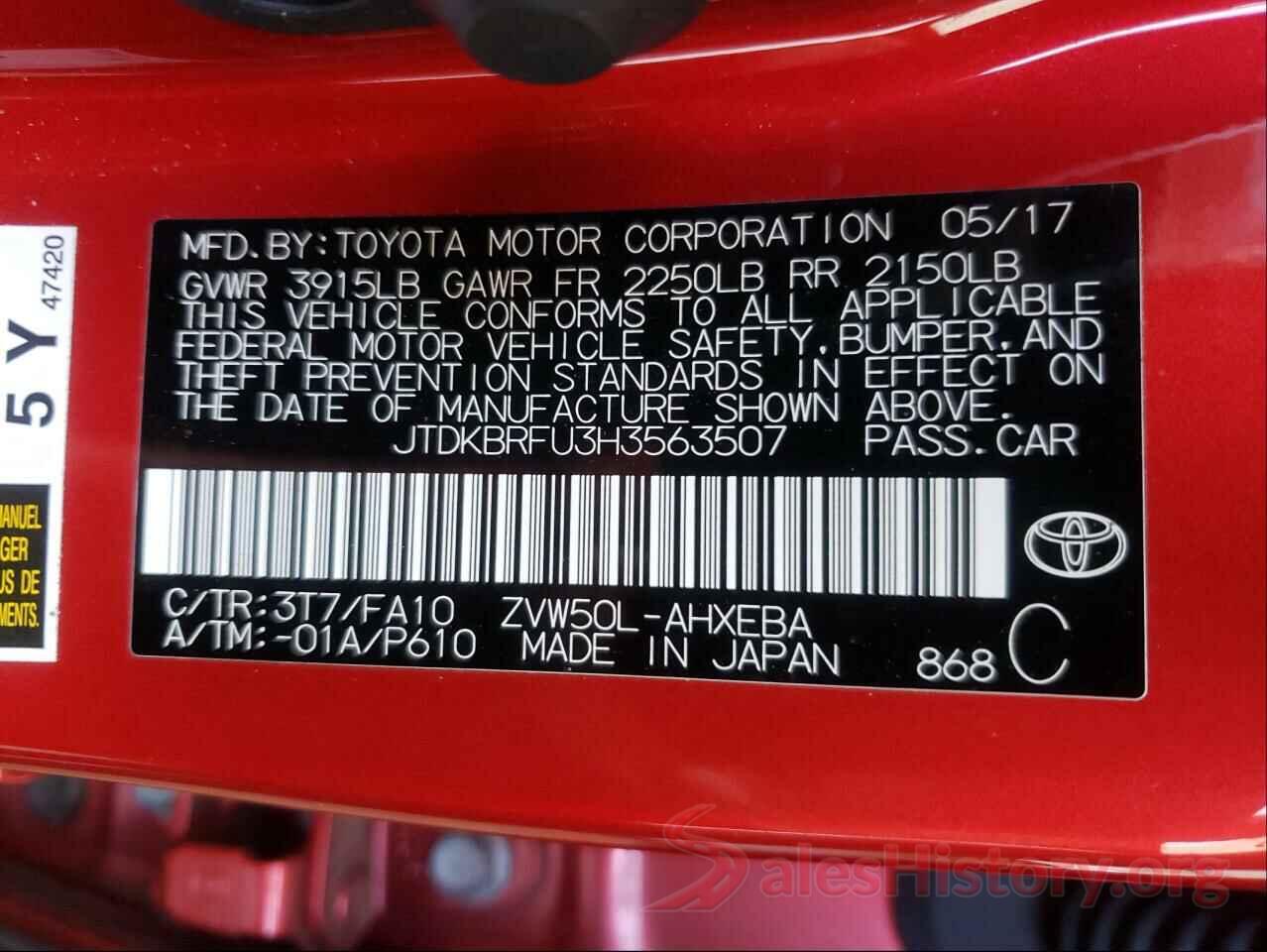 JTDKBRFU3H3563507 2017 TOYOTA PRIUS