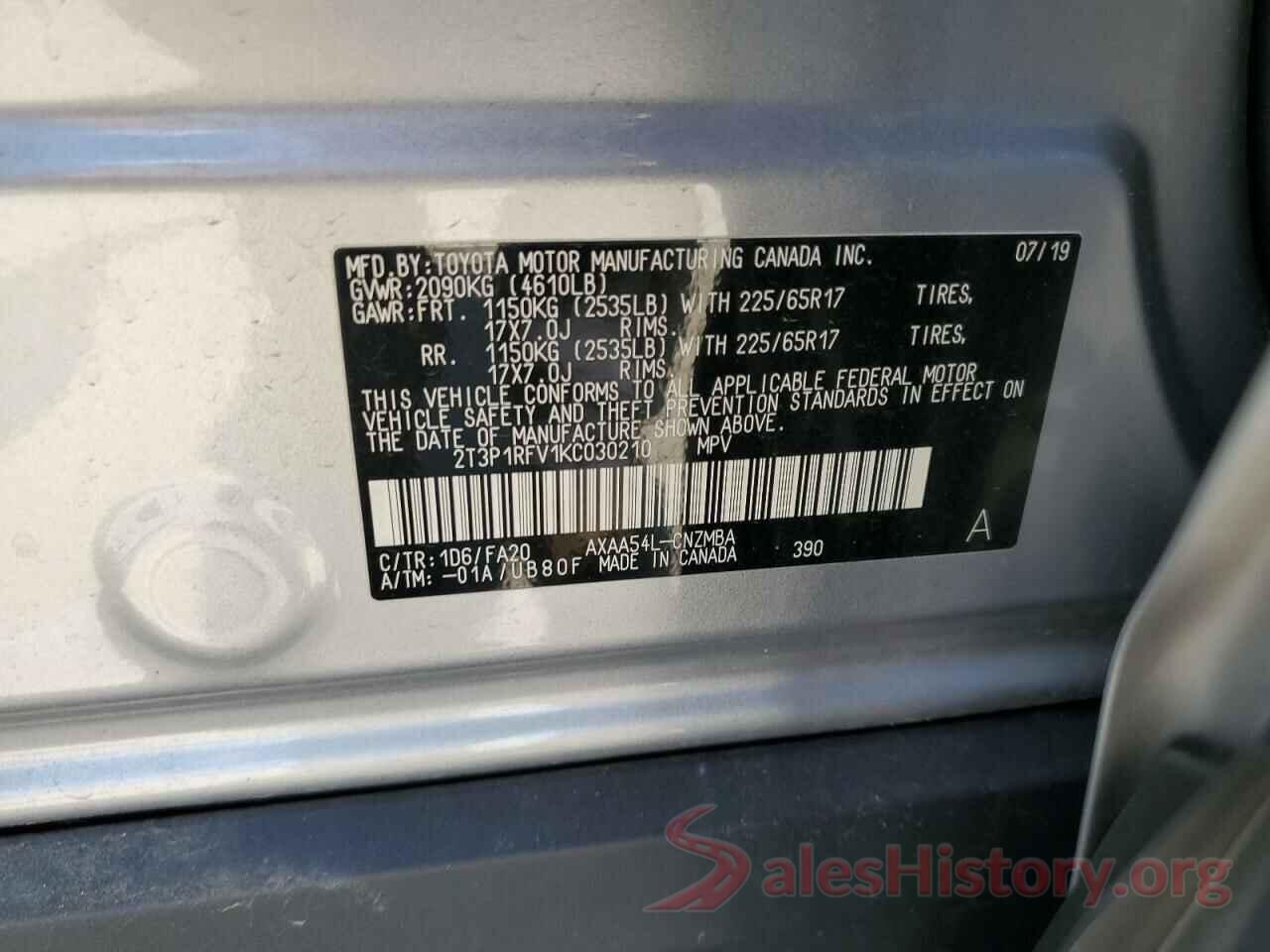 2T3P1RFV1KC030210 2019 TOYOTA RAV4