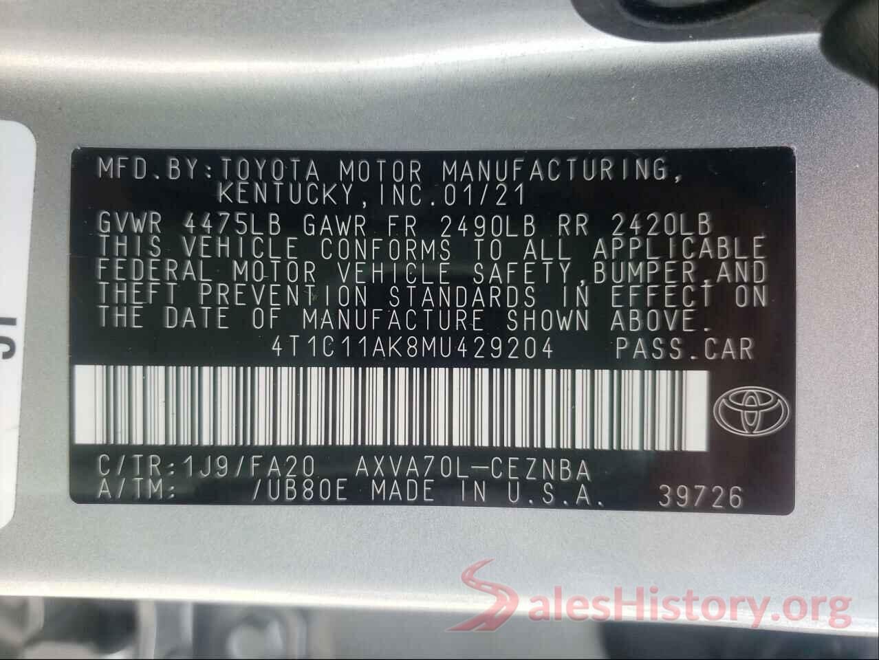 4T1C11AK8MU429204 2021 TOYOTA CAMRY