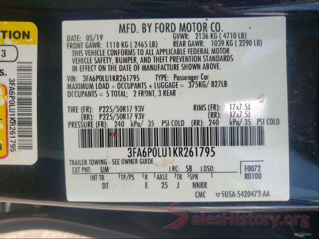 3FA6P0LU1KR261795 2019 FORD FUSION