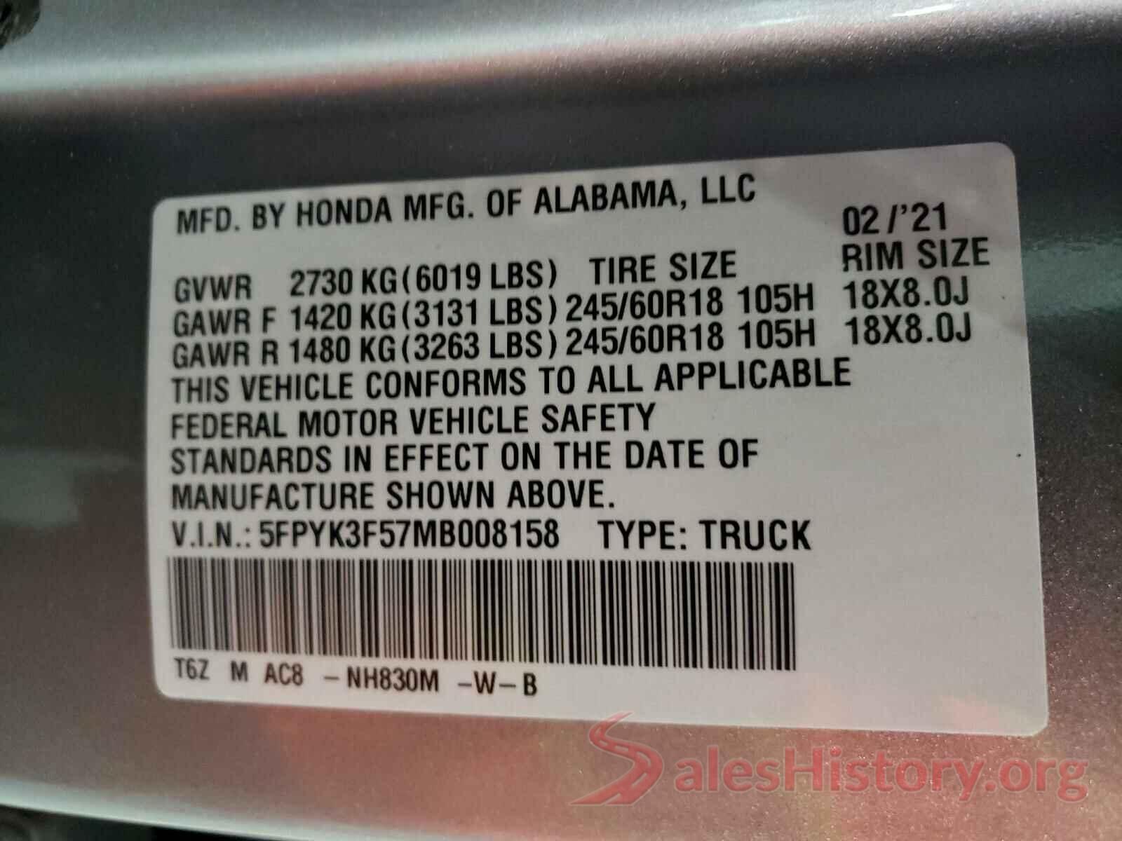 5FPYK3F57MB008158 2021 HONDA RIDGELINE