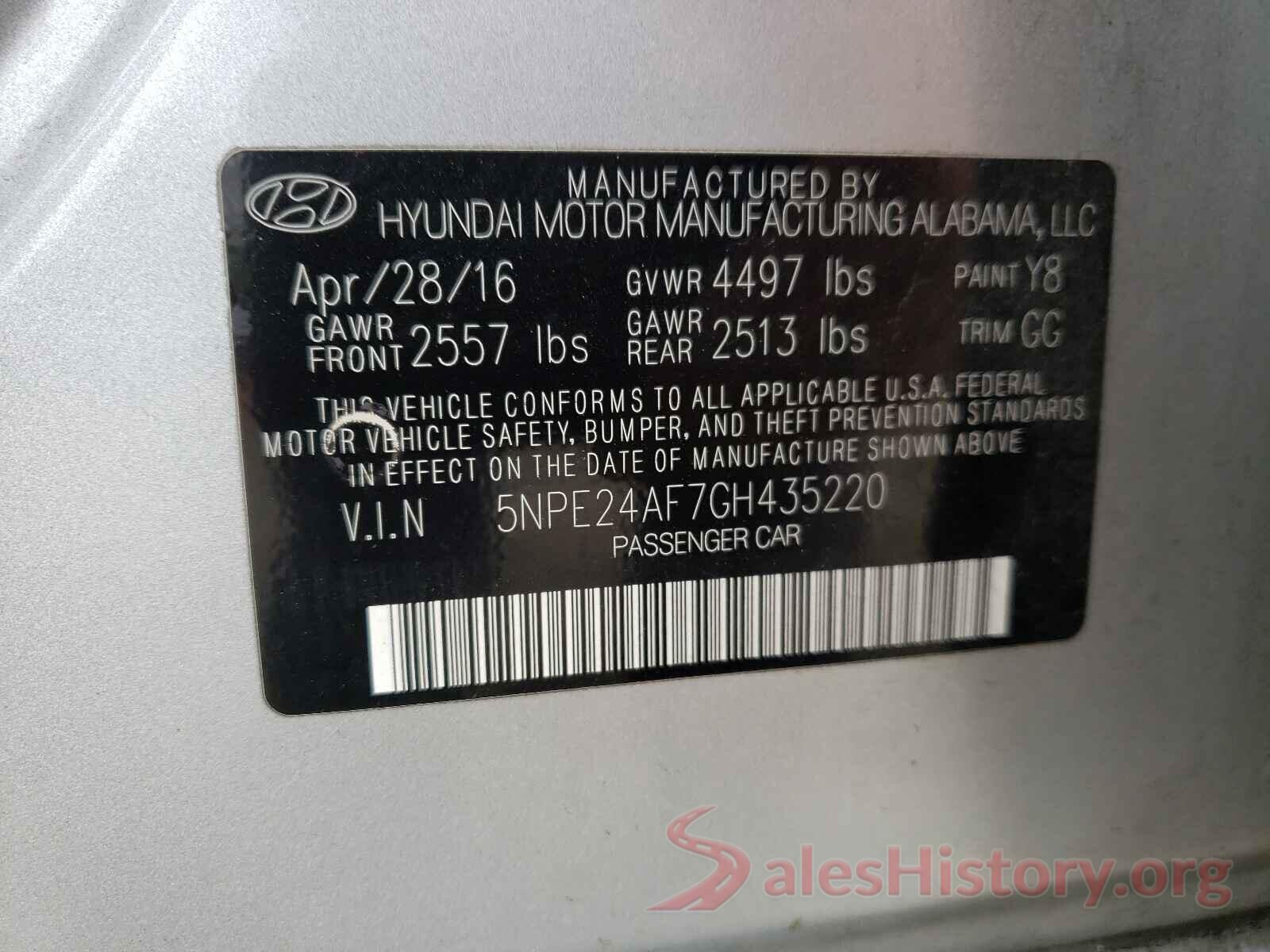 5NPE24AF7GH435220 2016 HYUNDAI SONATA