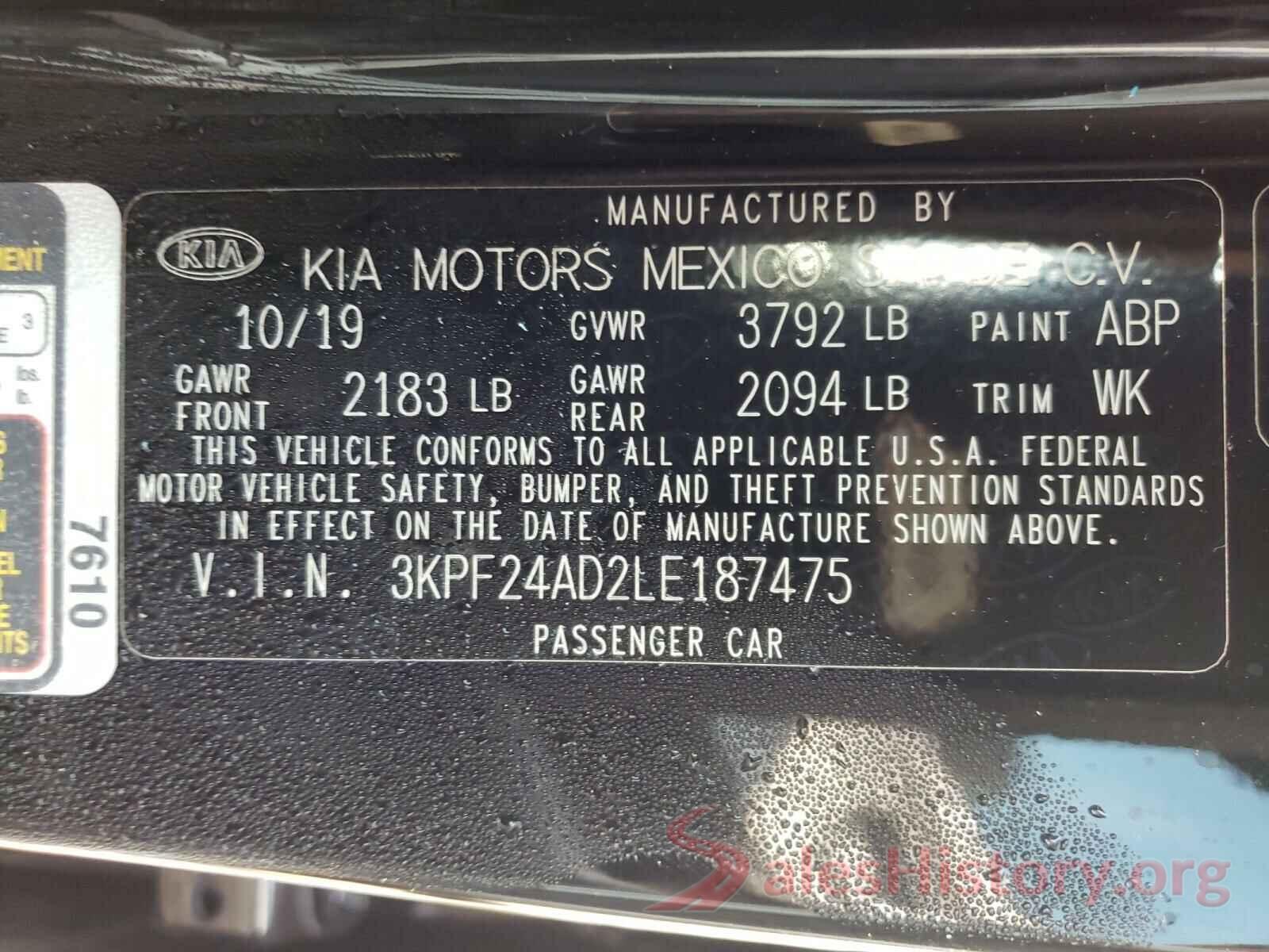 3KPF24AD2LE187475 2020 KIA FORTE