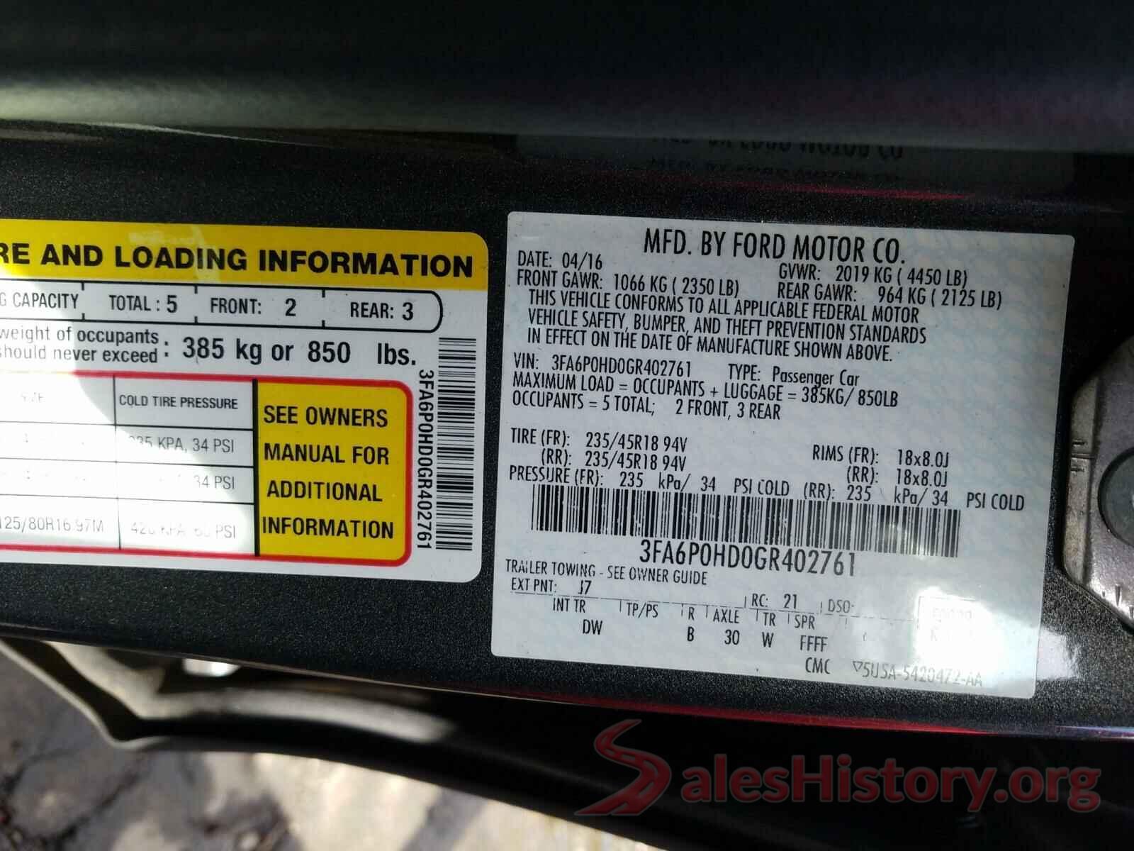 3FA6P0HD0GR402761 2016 FORD FUSION