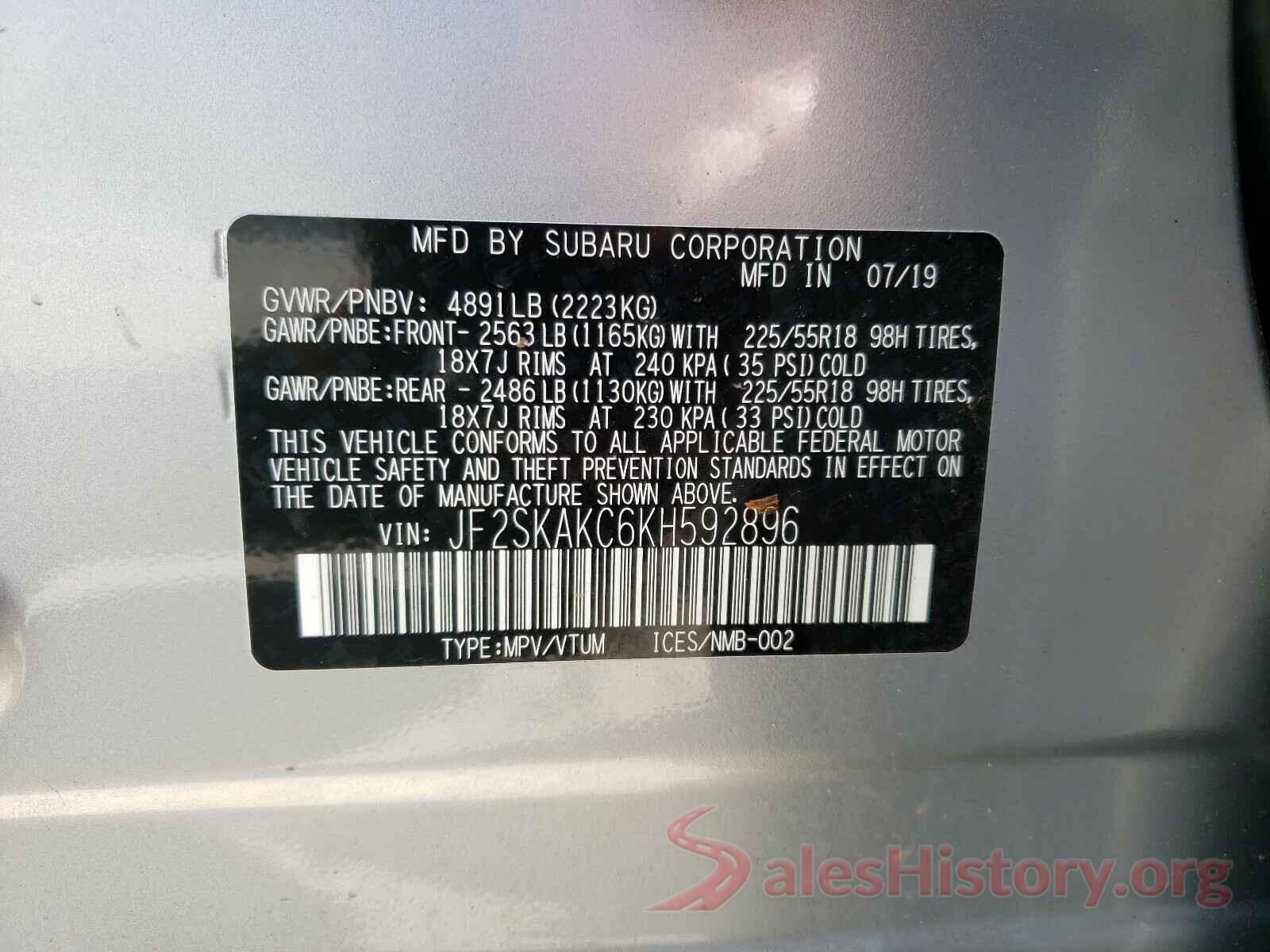 JF2SKAKC6KH592896 2019 SUBARU FORESTER