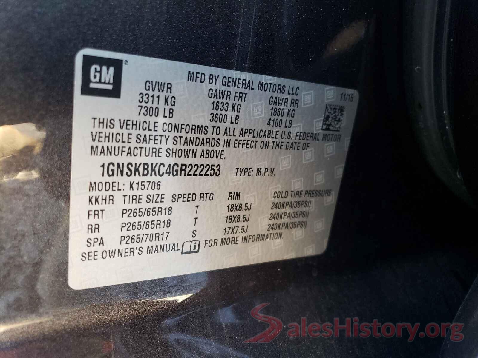 1GNSKBKC4GR222253 2016 CHEVROLET TAHOE