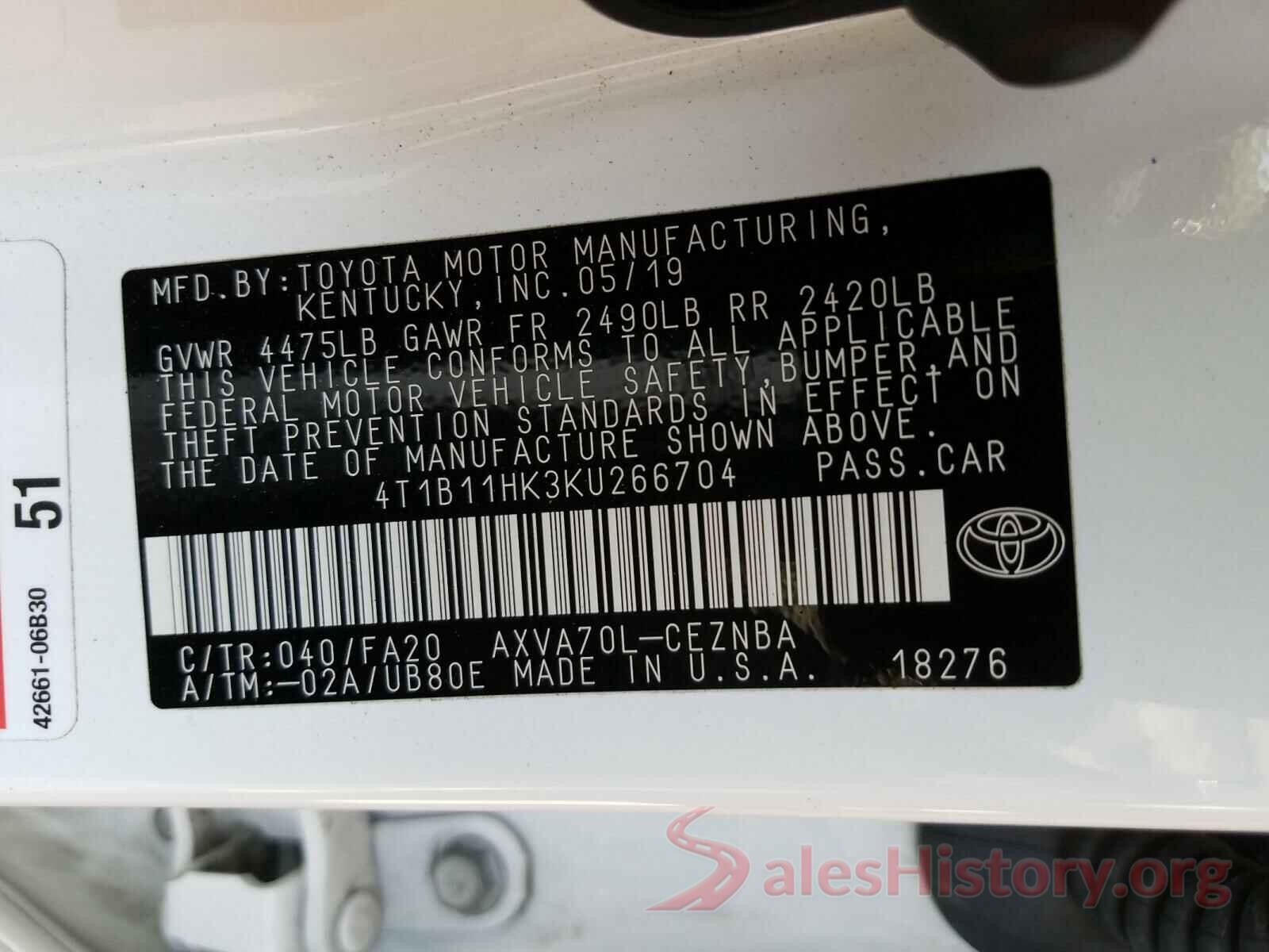 4T1B11HK3KU266704 2019 TOYOTA CAMRY