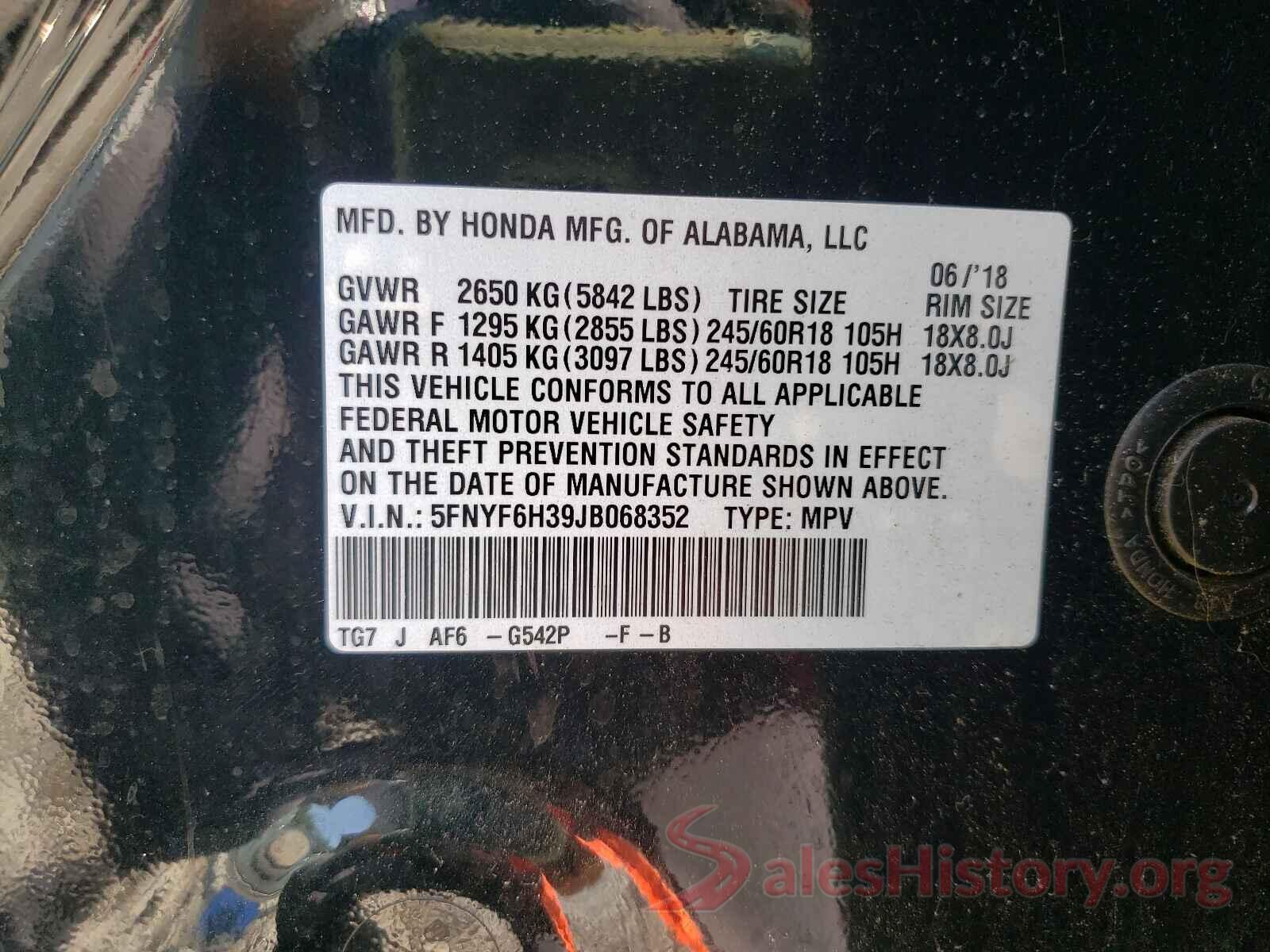 5FNYF6H39JB068352 2018 HONDA PILOT