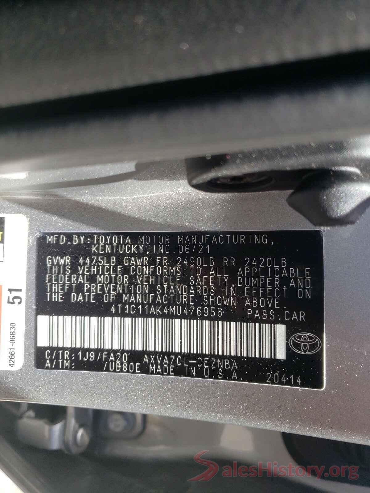 4T1C11AK4MU476956 2021 TOYOTA CAMRY