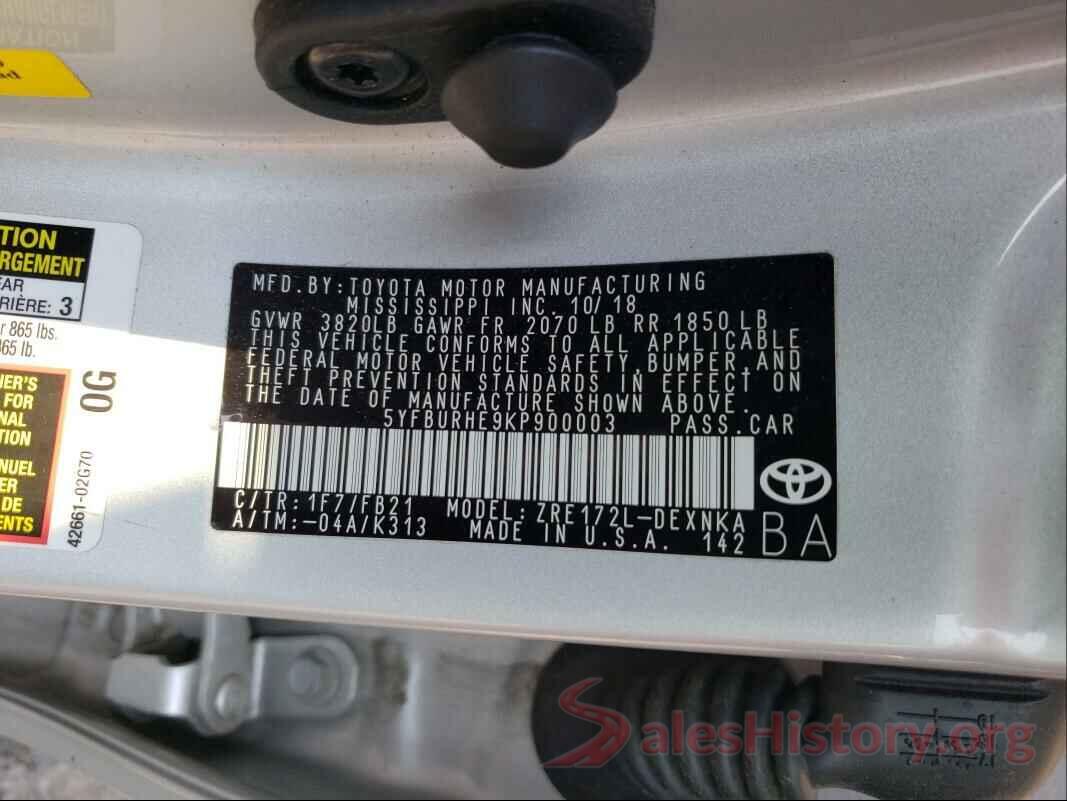 5YFBURHE9KP900003 2019 TOYOTA COROLLA