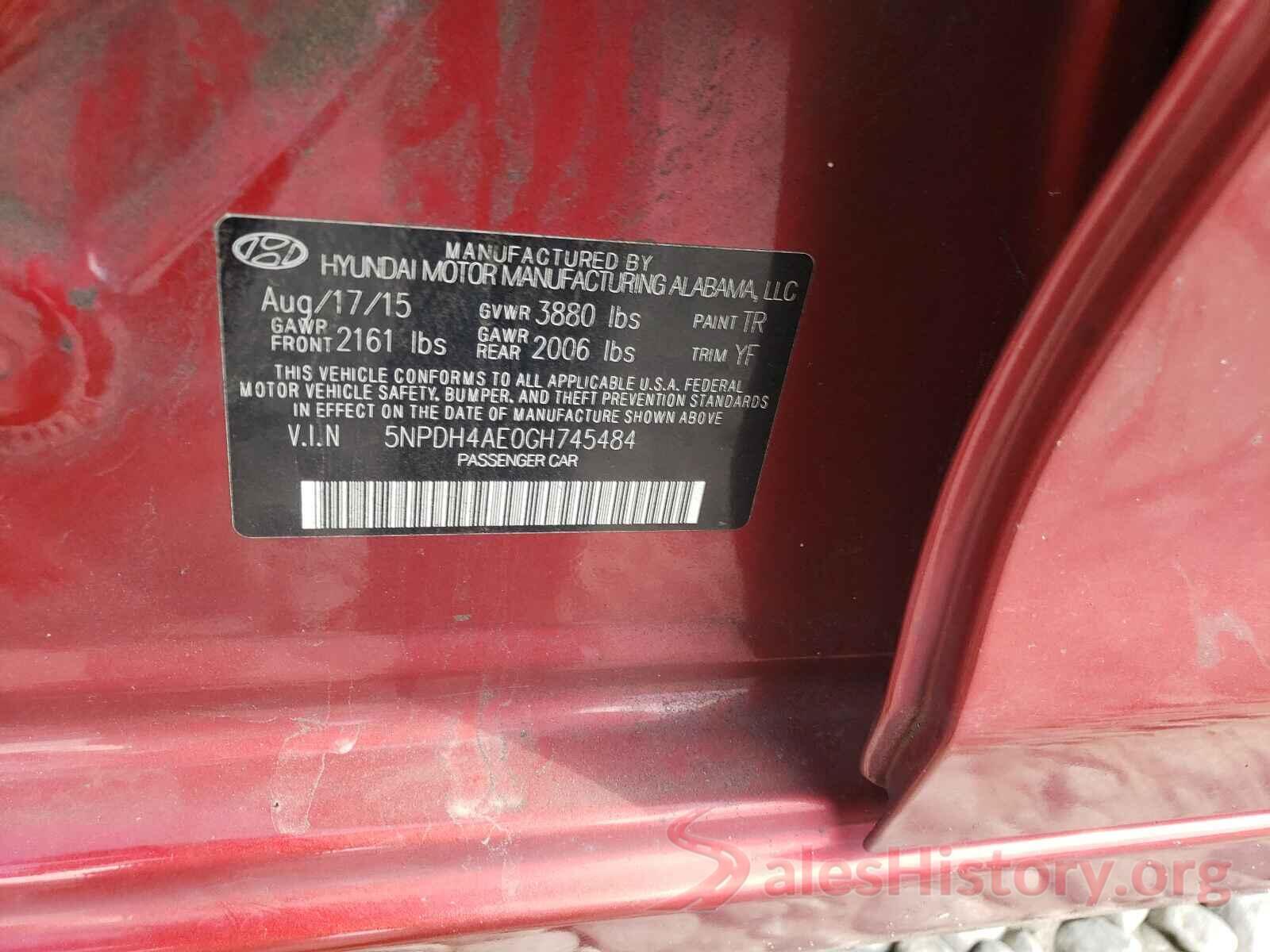 5NPDH4AE0GH745484 2016 HYUNDAI ELANTRA