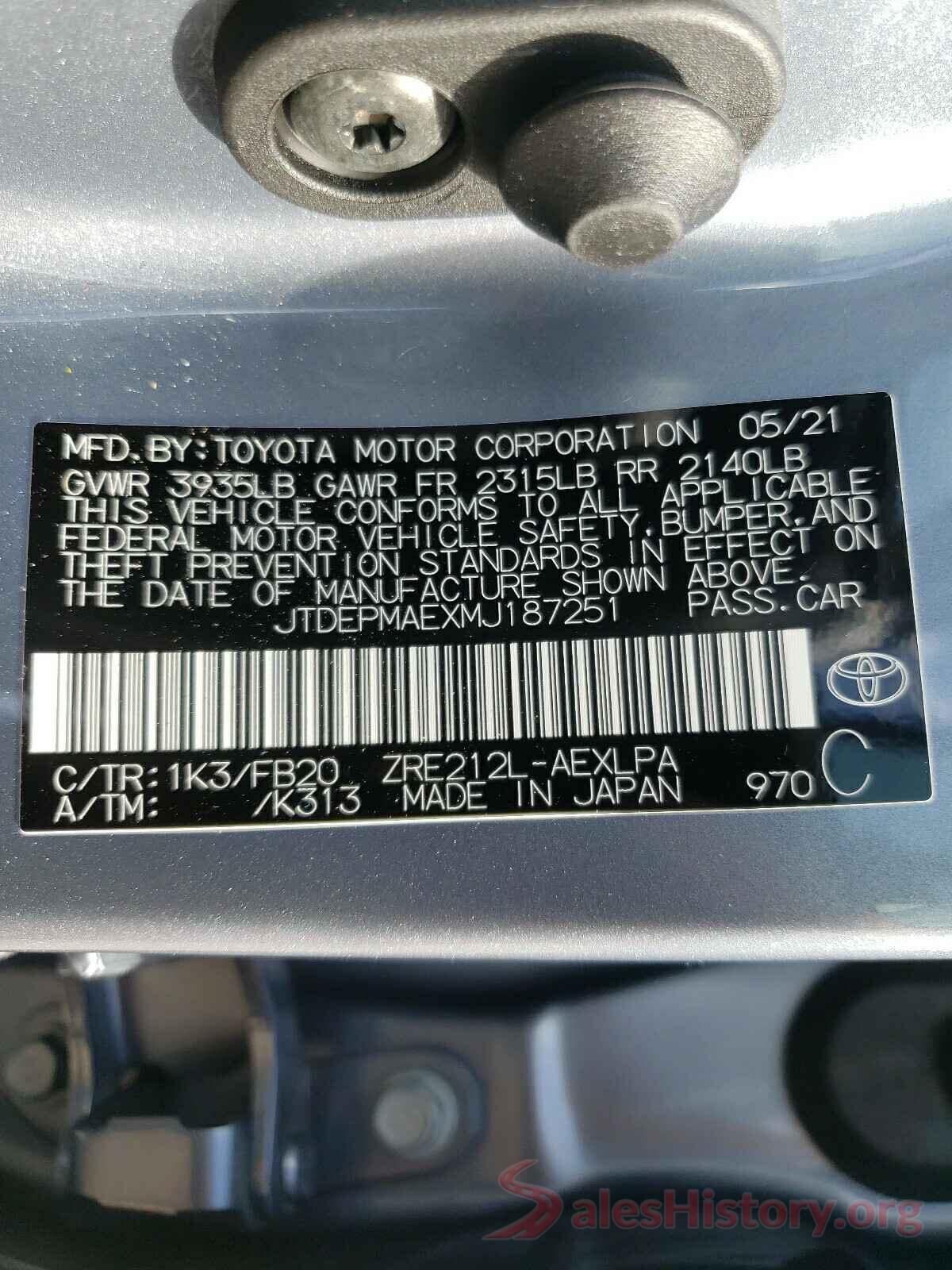 JTDEPMAEXMJ187251 2021 TOYOTA COROLLA