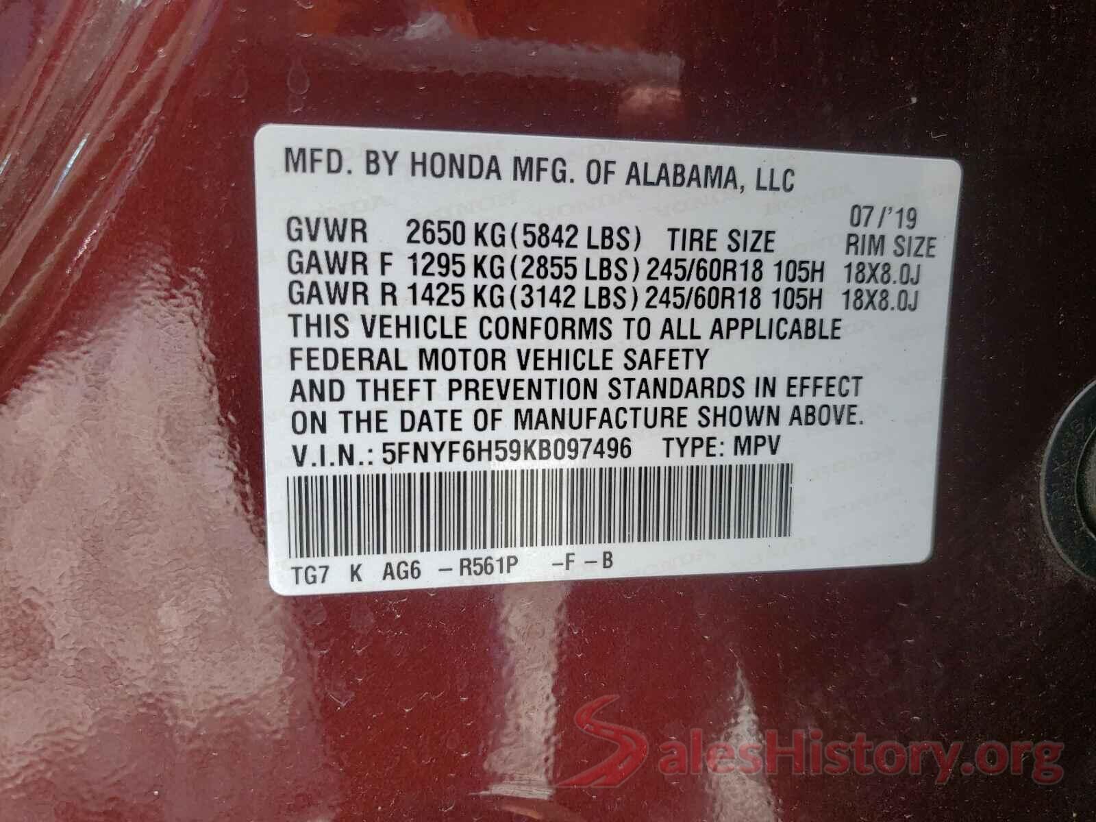 5FNYF6H59KB097496 2019 HONDA PILOT