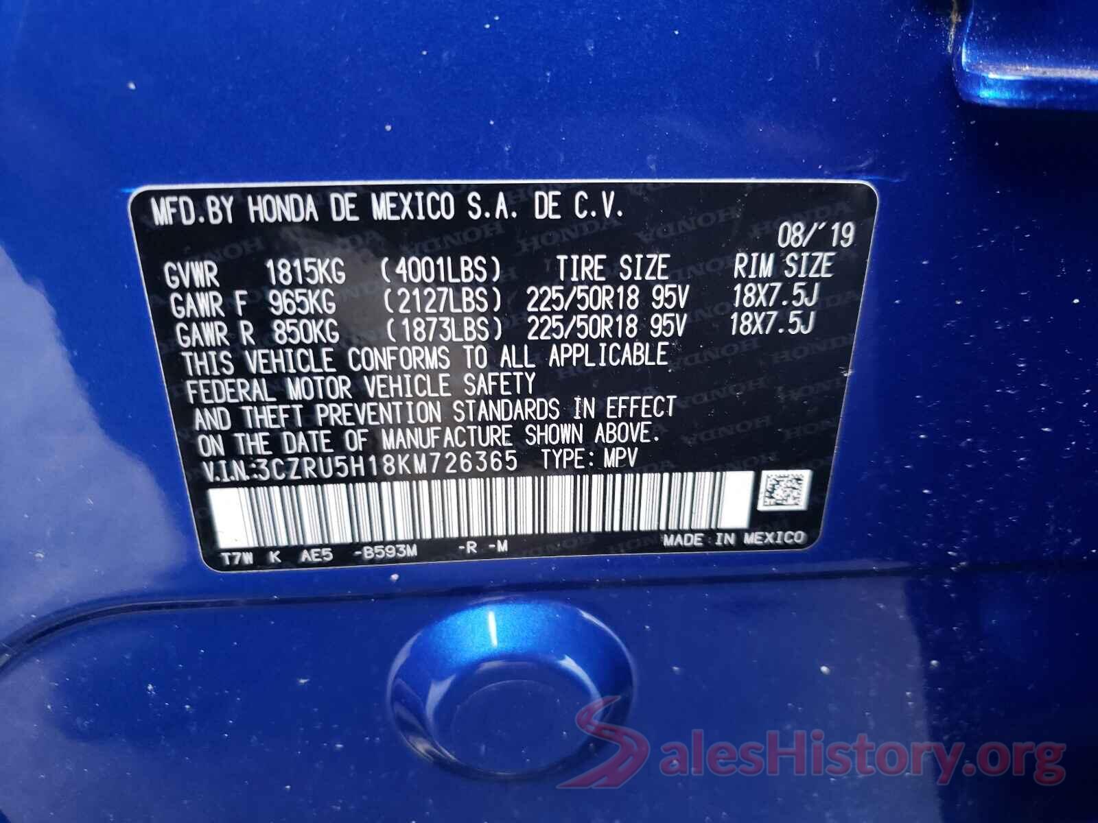 3CZRU5H18KM726365 2019 HONDA HR-V