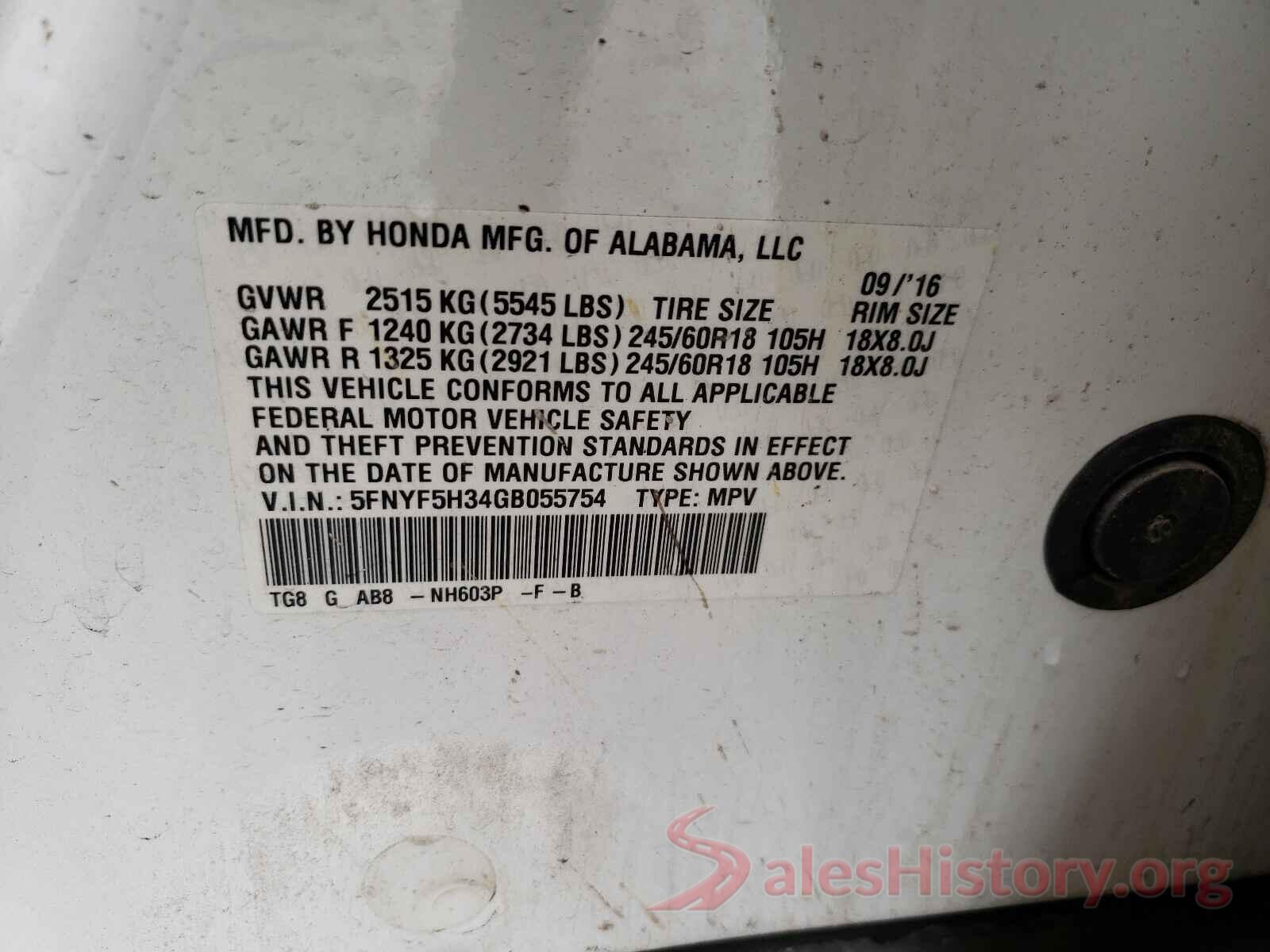 5FNYF5H34GB055754 2016 HONDA PILOT