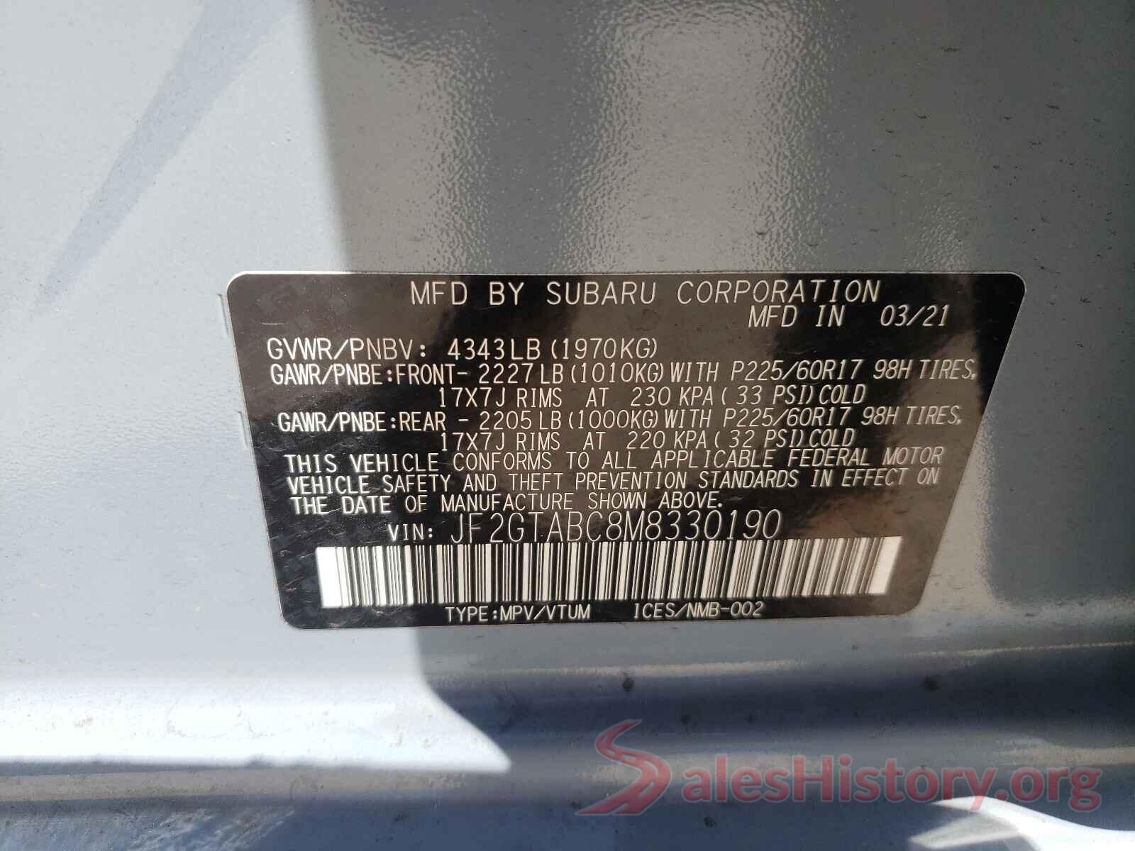 JF2GTABC8M8330190 2021 SUBARU CROSSTREK