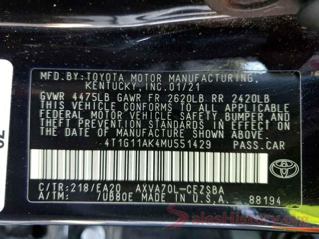 4T1G11AK4MU551429 2021 TOYOTA CAMRY