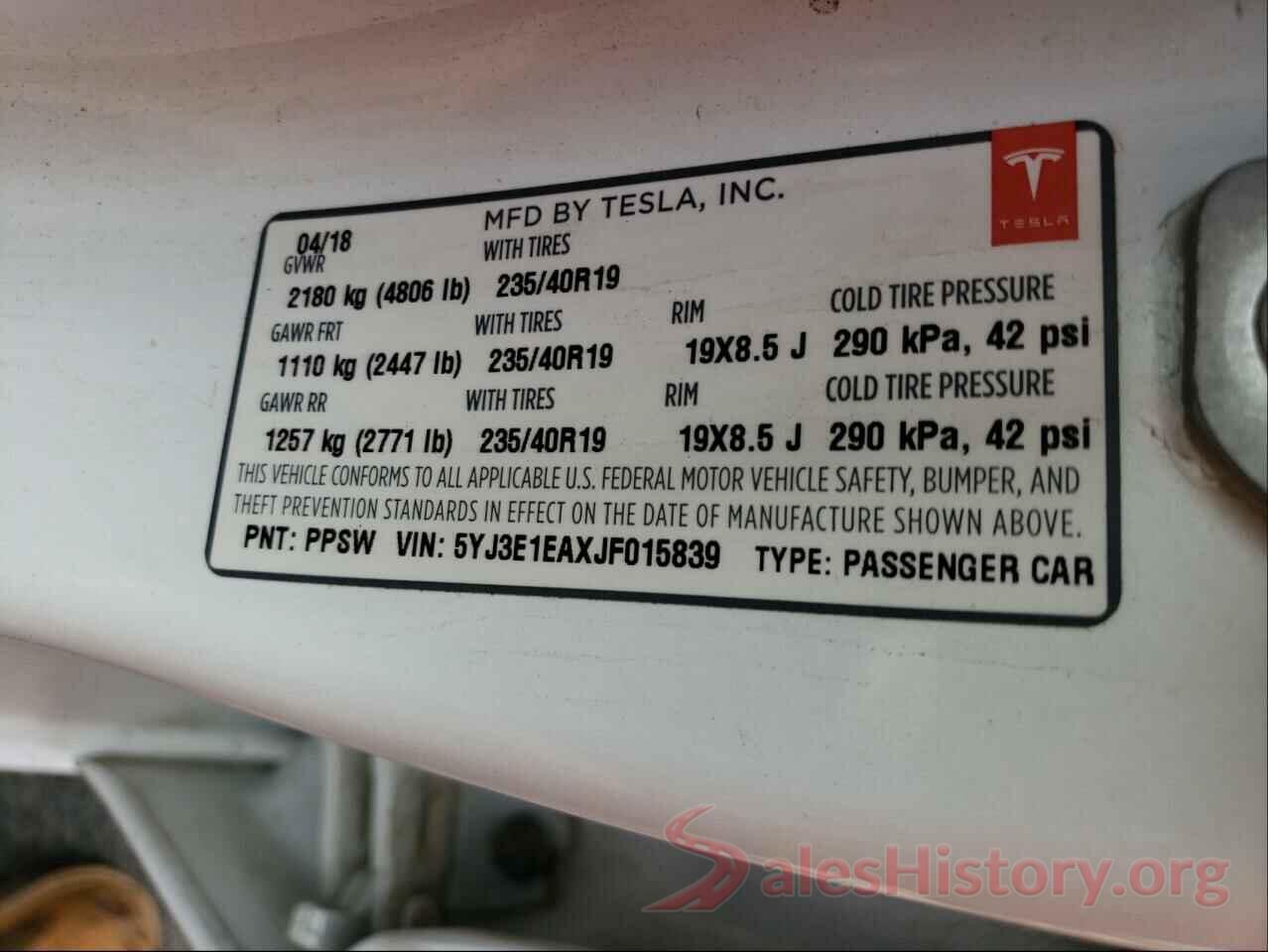 5YJ3E1EAXJF015839 2018 TESLA MODEL 3