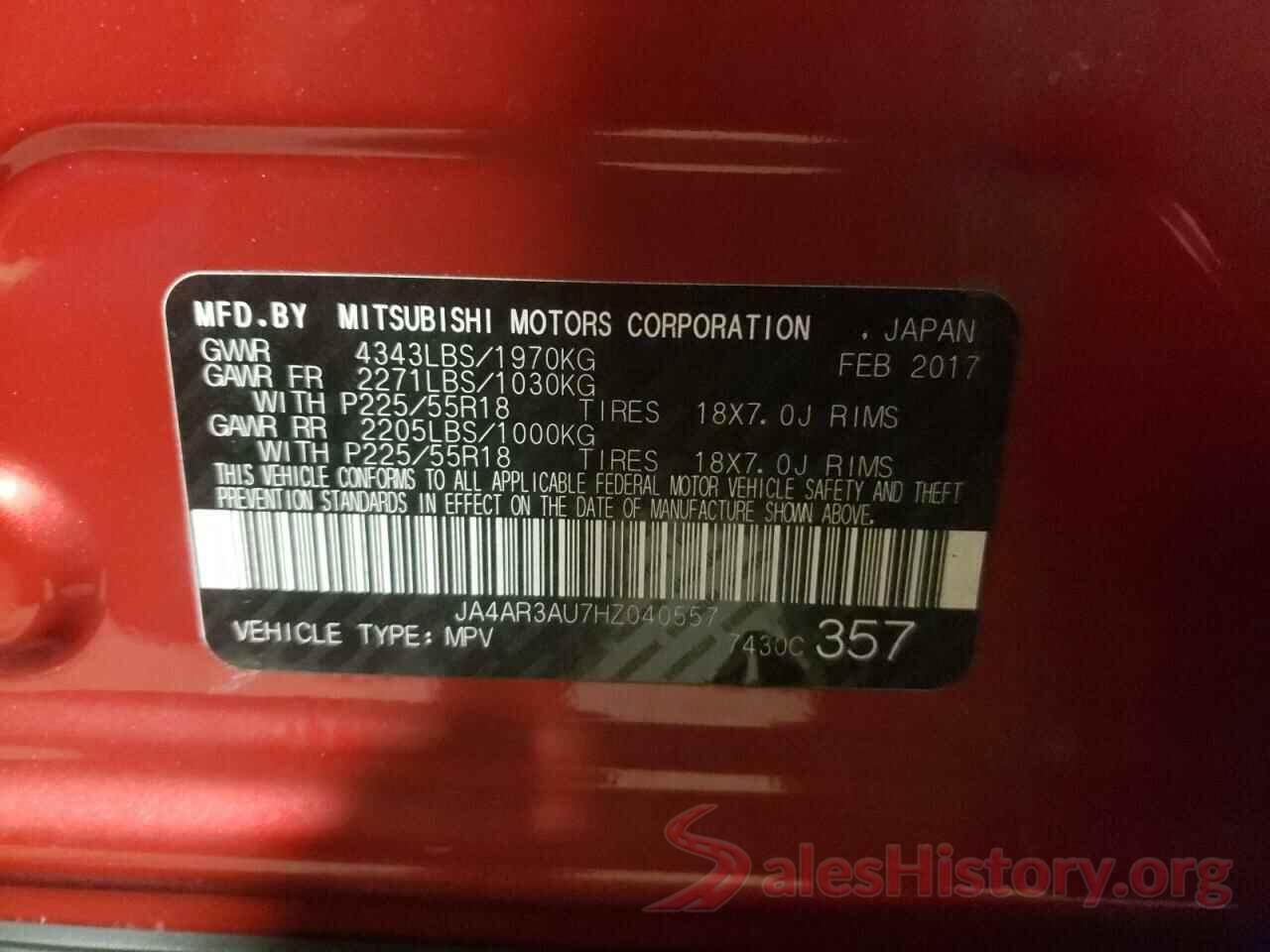 JA4AR3AU7HZ040557 2017 MITSUBISHI OUTLANDER