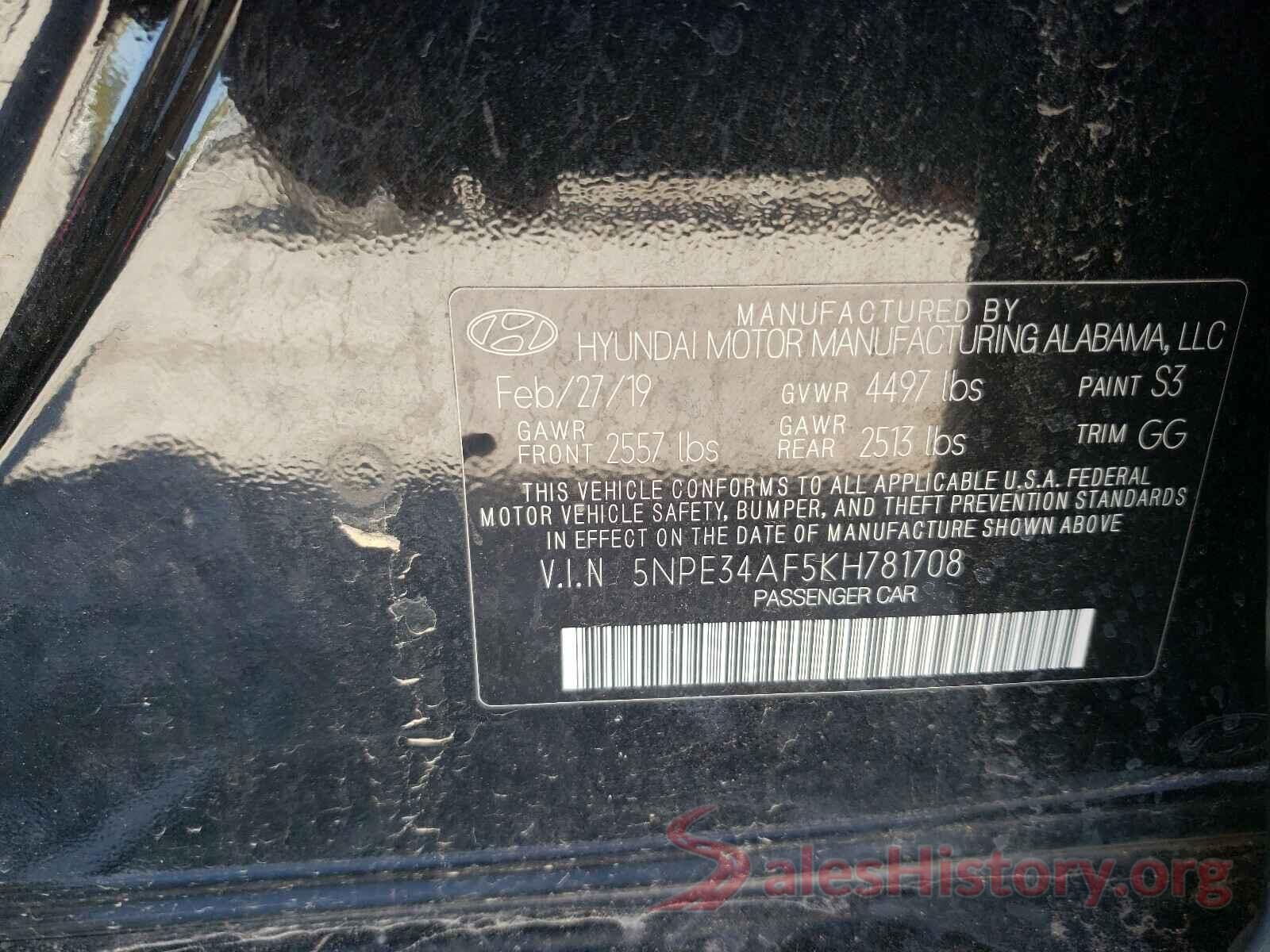 5NPE34AF5KH781708 2019 HYUNDAI SONATA