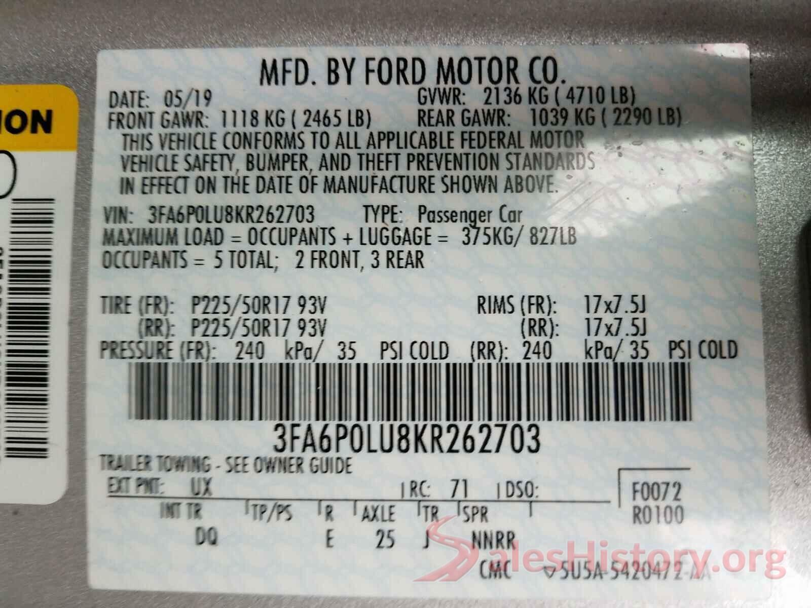 3FA6P0LU8KR262703 2019 FORD FUSION