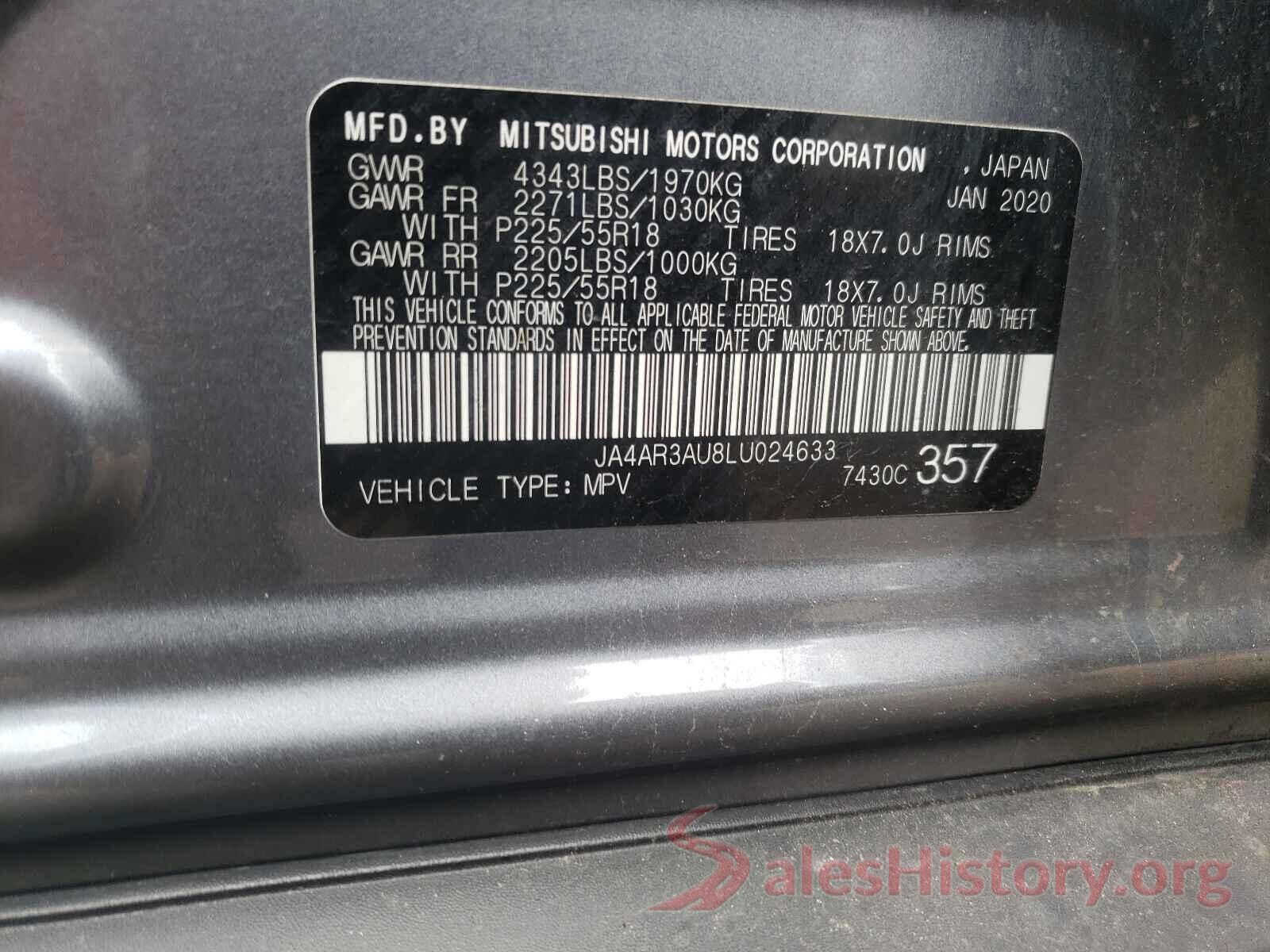 JA4AR3AU8LU024633 2020 MITSUBISHI OUTLANDER