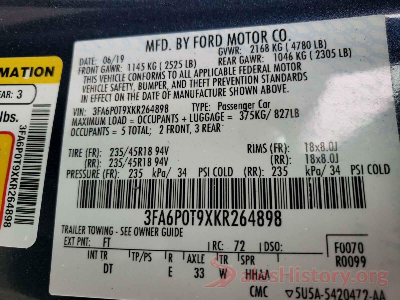 3FA6P0T9XKR264898 2019 FORD FUSION