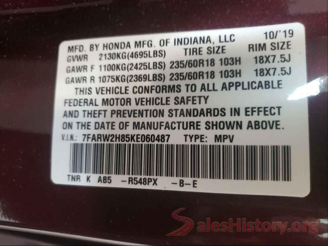 7FARW2H85KE060487 2019 HONDA CRV