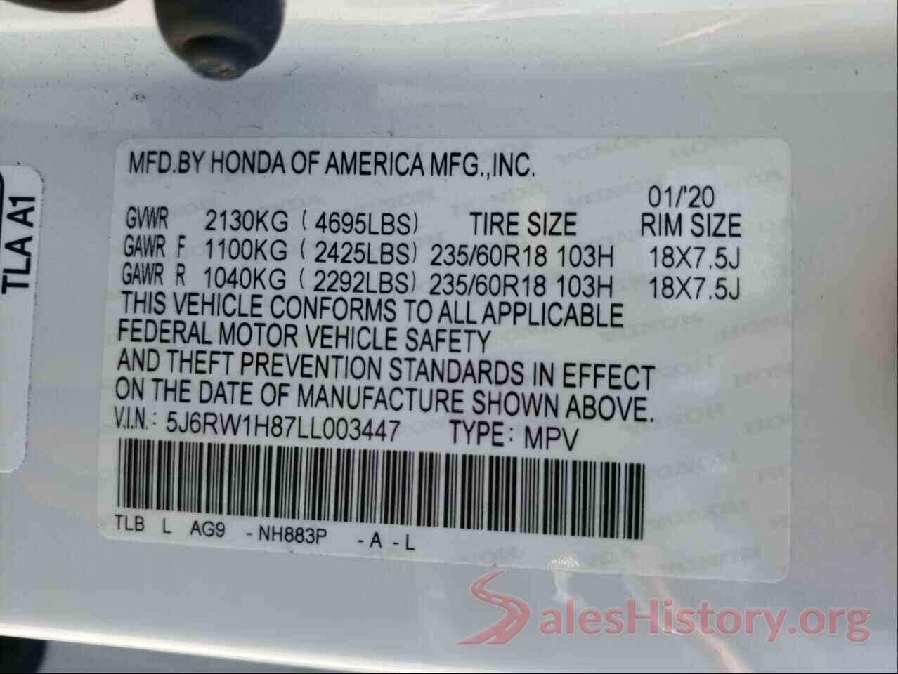 5J6RW1H87LL003447 2020 HONDA CRV