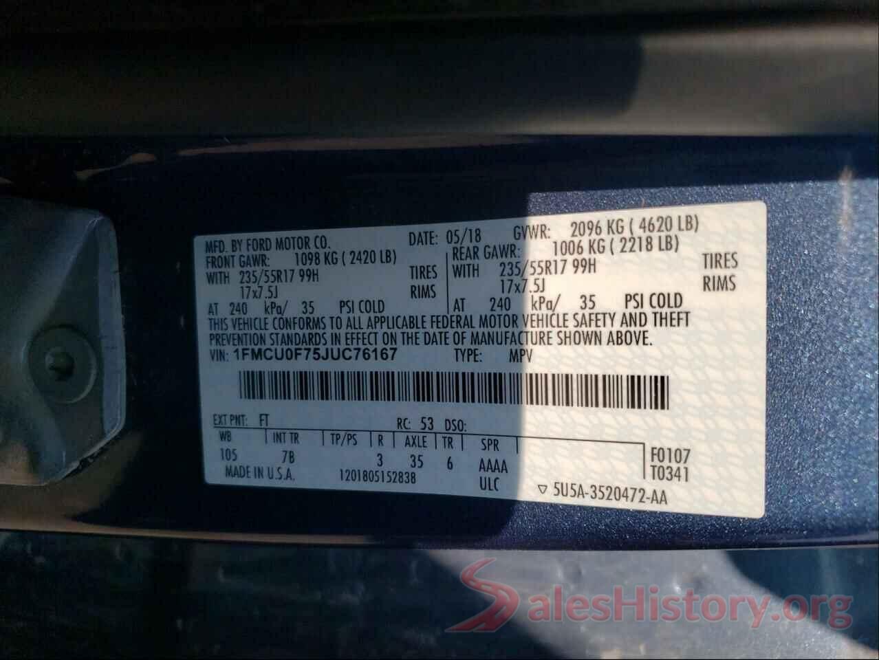 1FMCU0F75JUC76167 2018 FORD ESCAPE