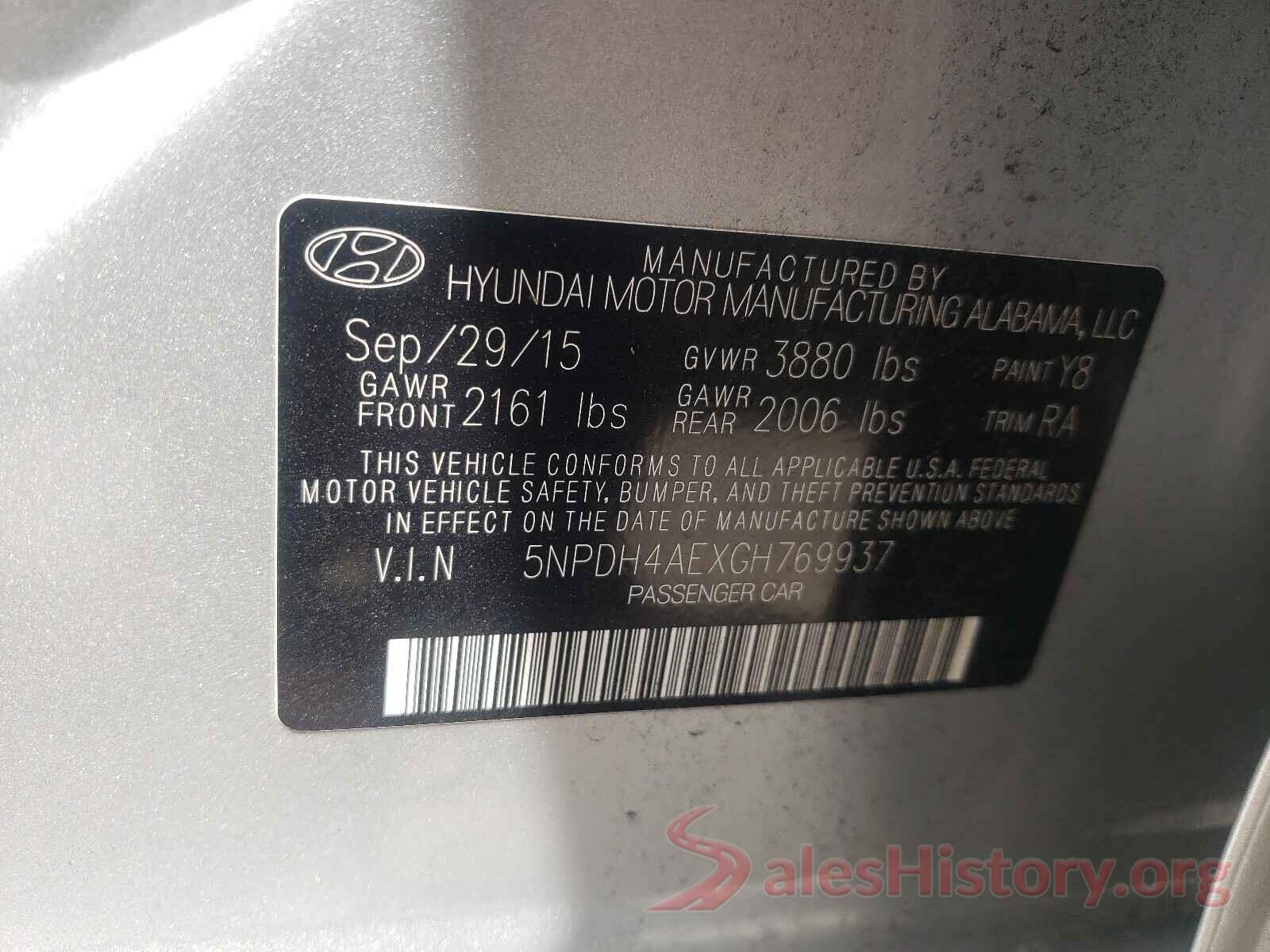 5NPDH4AEXGH769937 2016 HYUNDAI ELANTRA