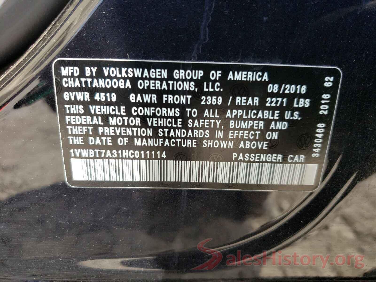 1VWBT7A31HC011114 2017 VOLKSWAGEN PASSAT