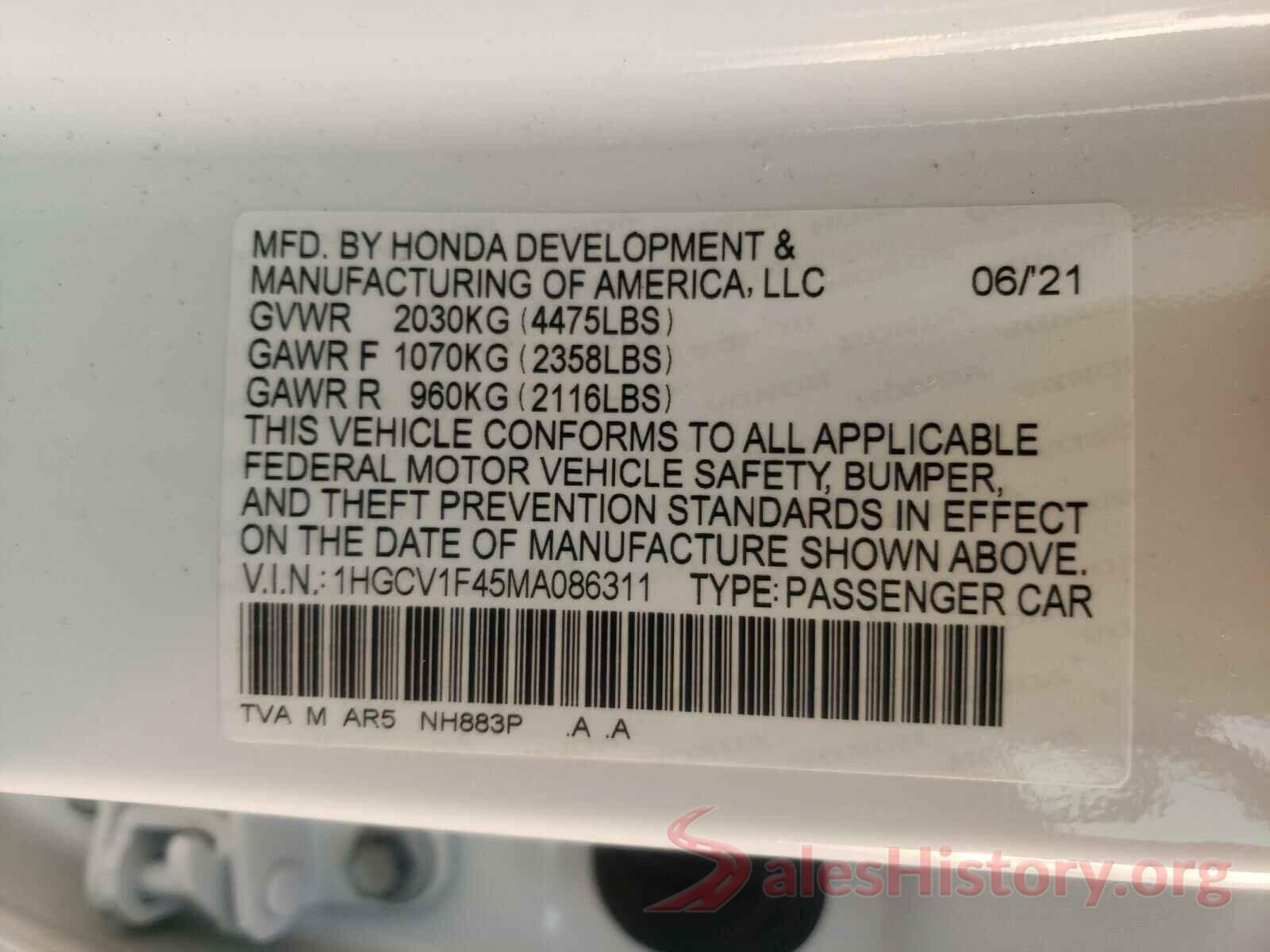 1HGCV1F45MA086311 2021 HONDA ACCORD