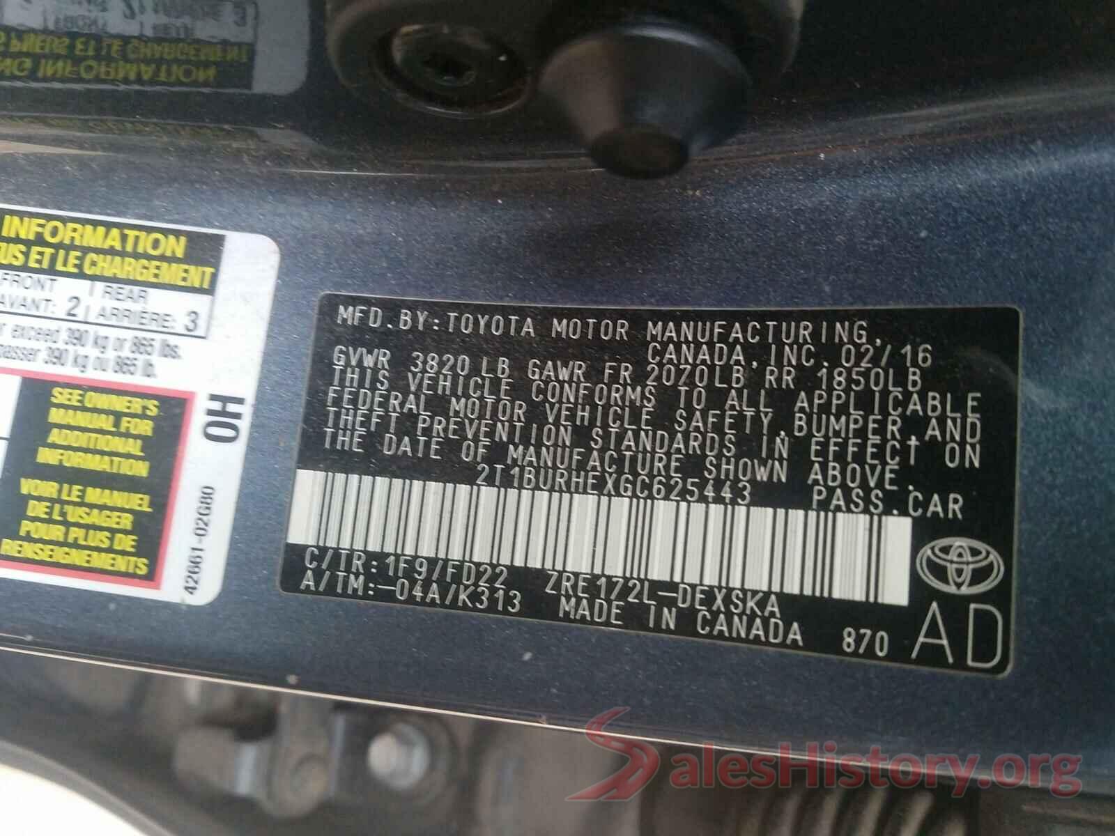 2T1BURHEXGC625443 2016 TOYOTA COROLLA